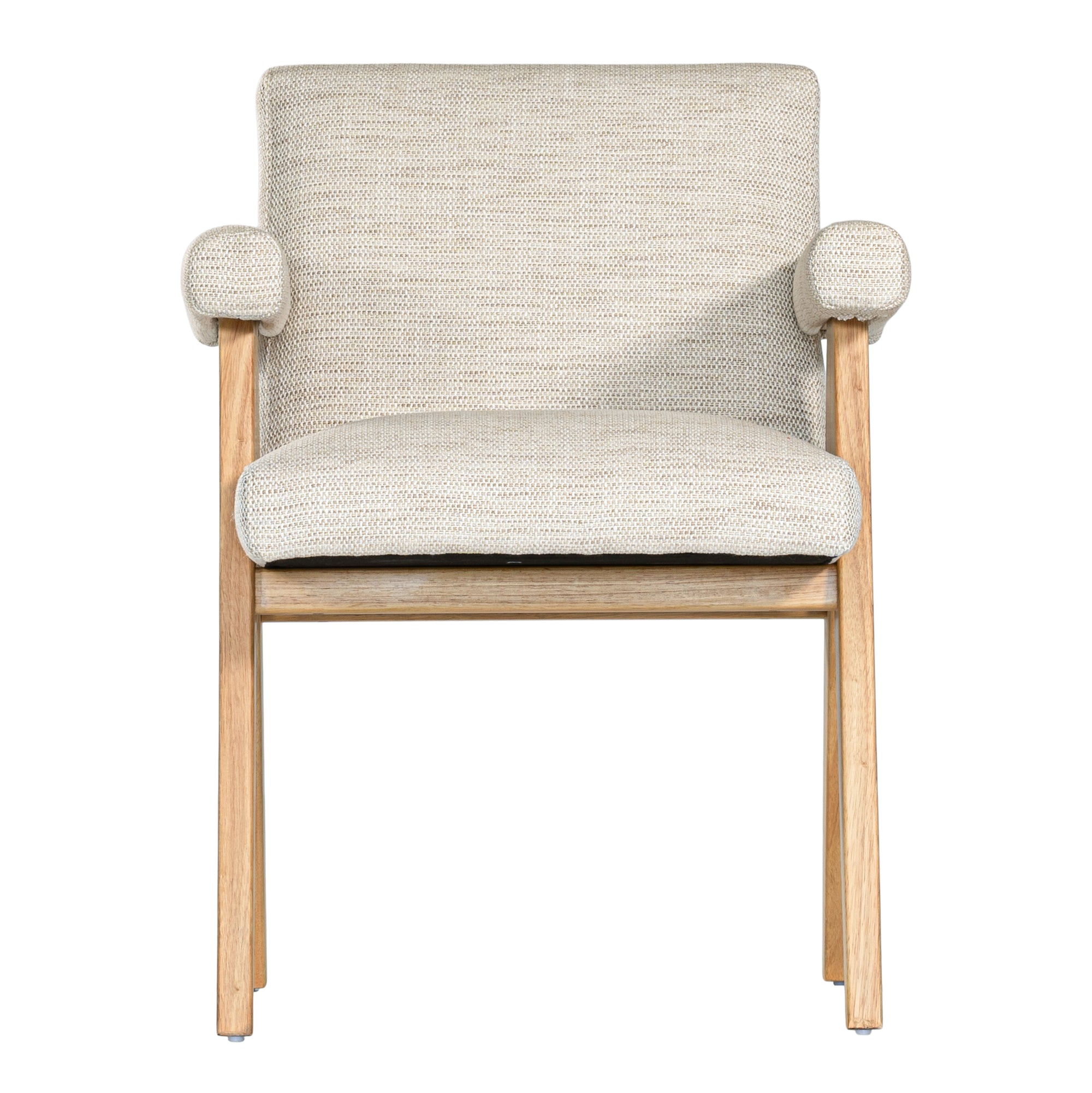 Modern oak dining chair with upholstered seat and backrest in a soft neutral fabric, featuring angled legs and cushioned armrests for comfort