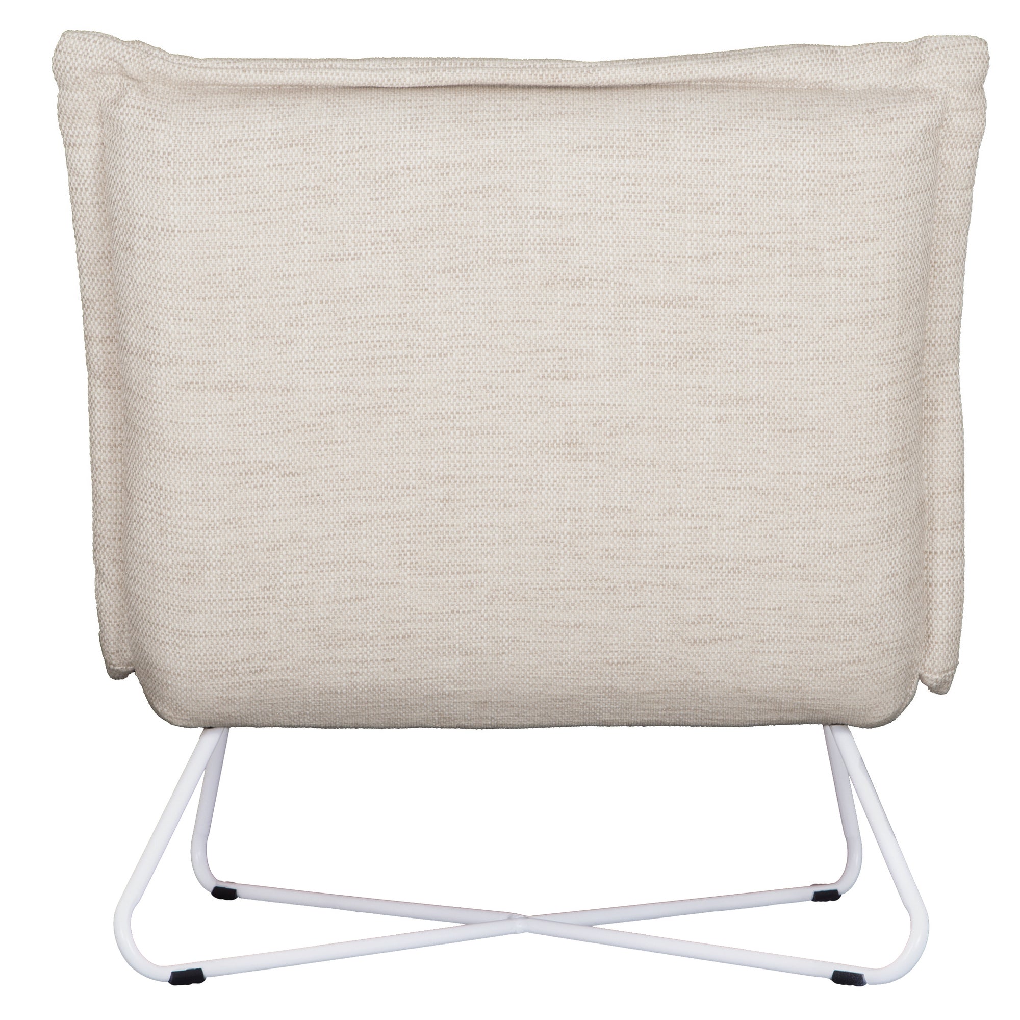 KULALA Living contemporary lounge chair featuring plush cream fabric cushions and a sleek white metal frame, offering a minimalist yet inviting seating option