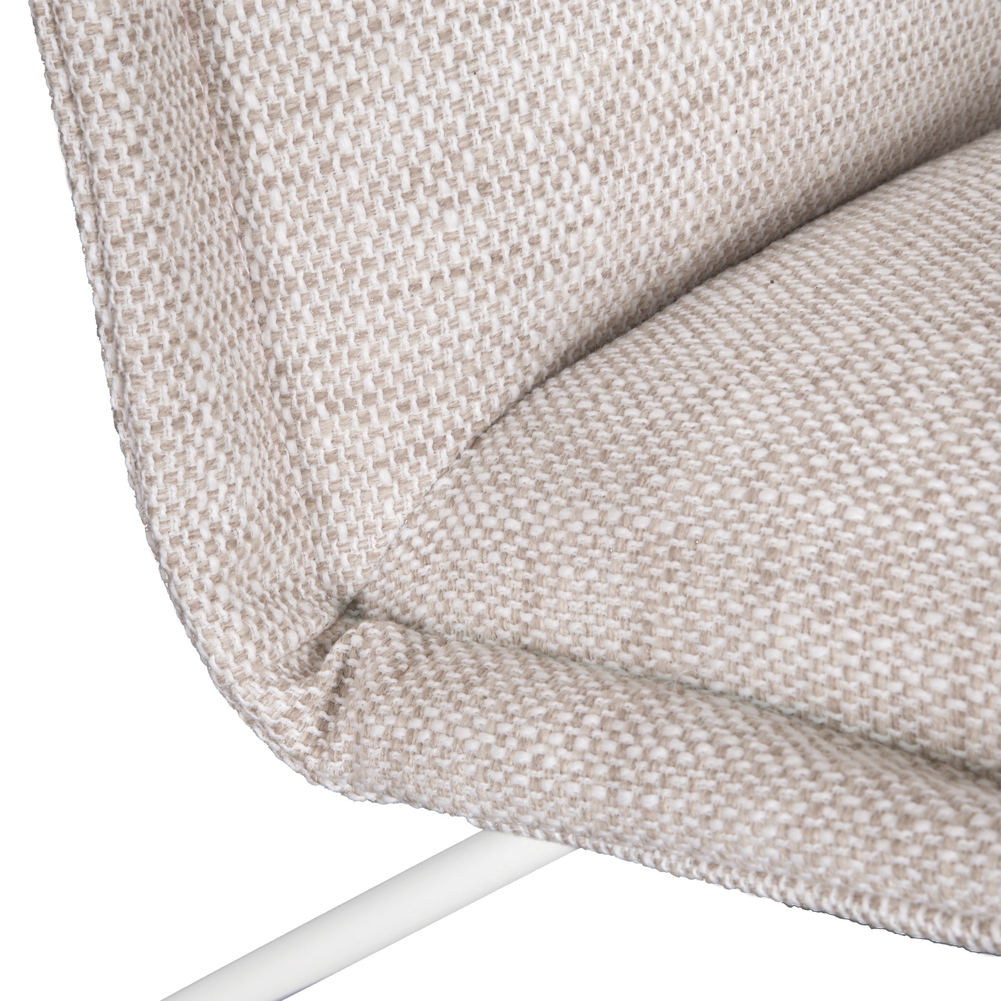 KULALA Living contemporary lounge chair featuring plush cream fabric cushions and a sleek white metal frame, offering a minimalist yet inviting seating option