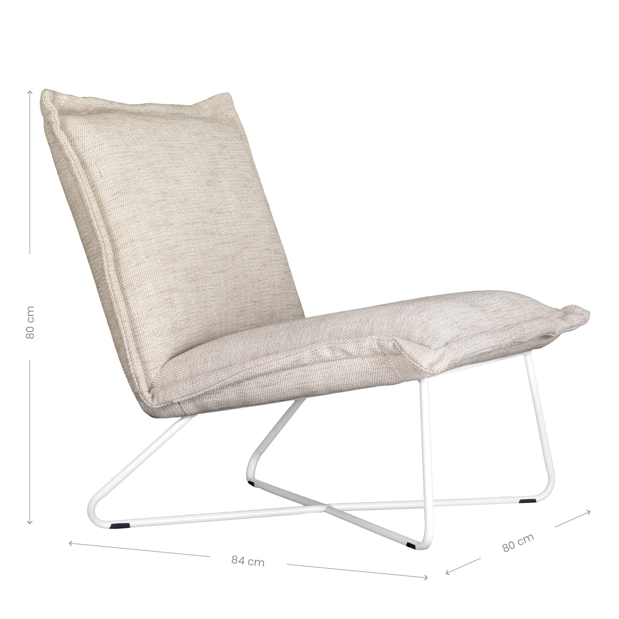 KULALA Living contemporary lounge chair featuring plush cream fabric cushions and a sleek white metal frame, offering a minimalist yet inviting seating option