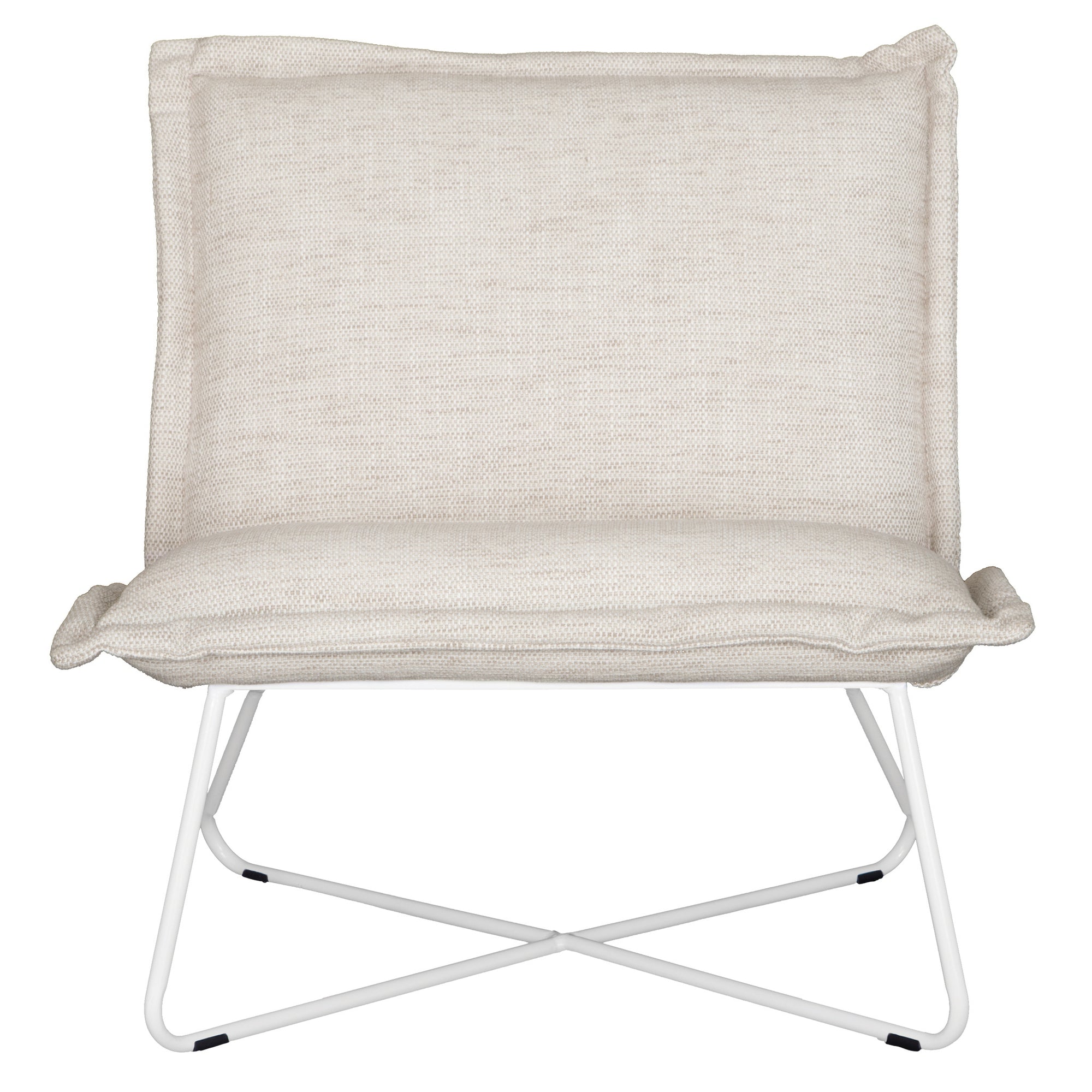 KULALA Living contemporary lounge chair featuring plush cream fabric cushions and a sleek white metal frame, offering a minimalist yet inviting seating option