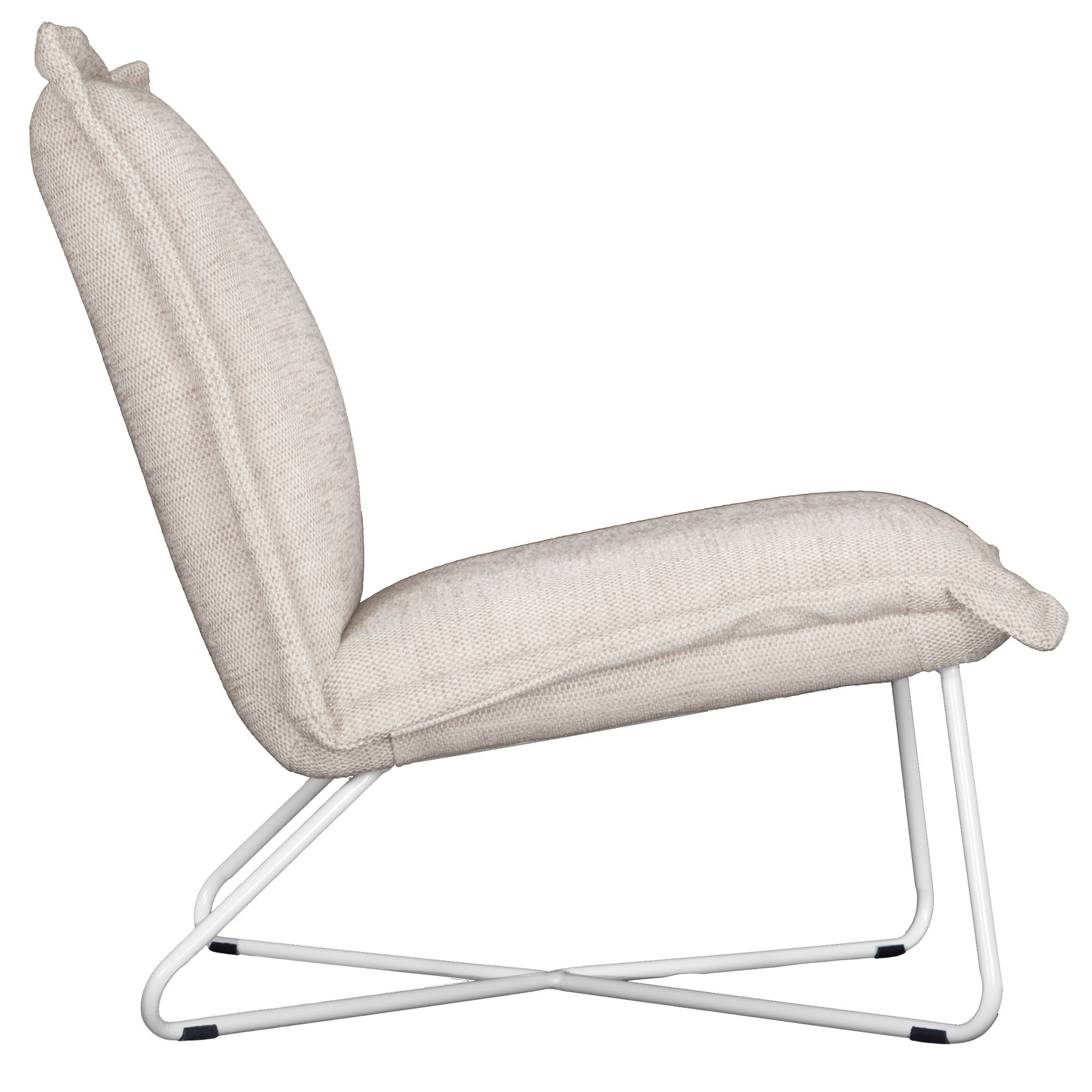 KULALA Living contemporary lounge chair featuring plush cream fabric cushions and a sleek white metal frame, offering a minimalist yet inviting seating option