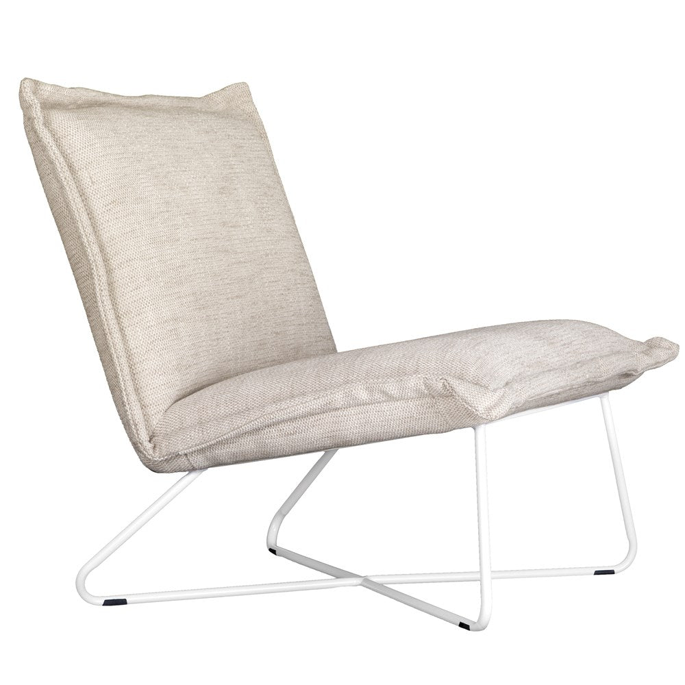 KULALA Living contemporary lounge chair featuring plush cream fabric cushions and a sleek white metal frame, offering a minimalist yet inviting seating option