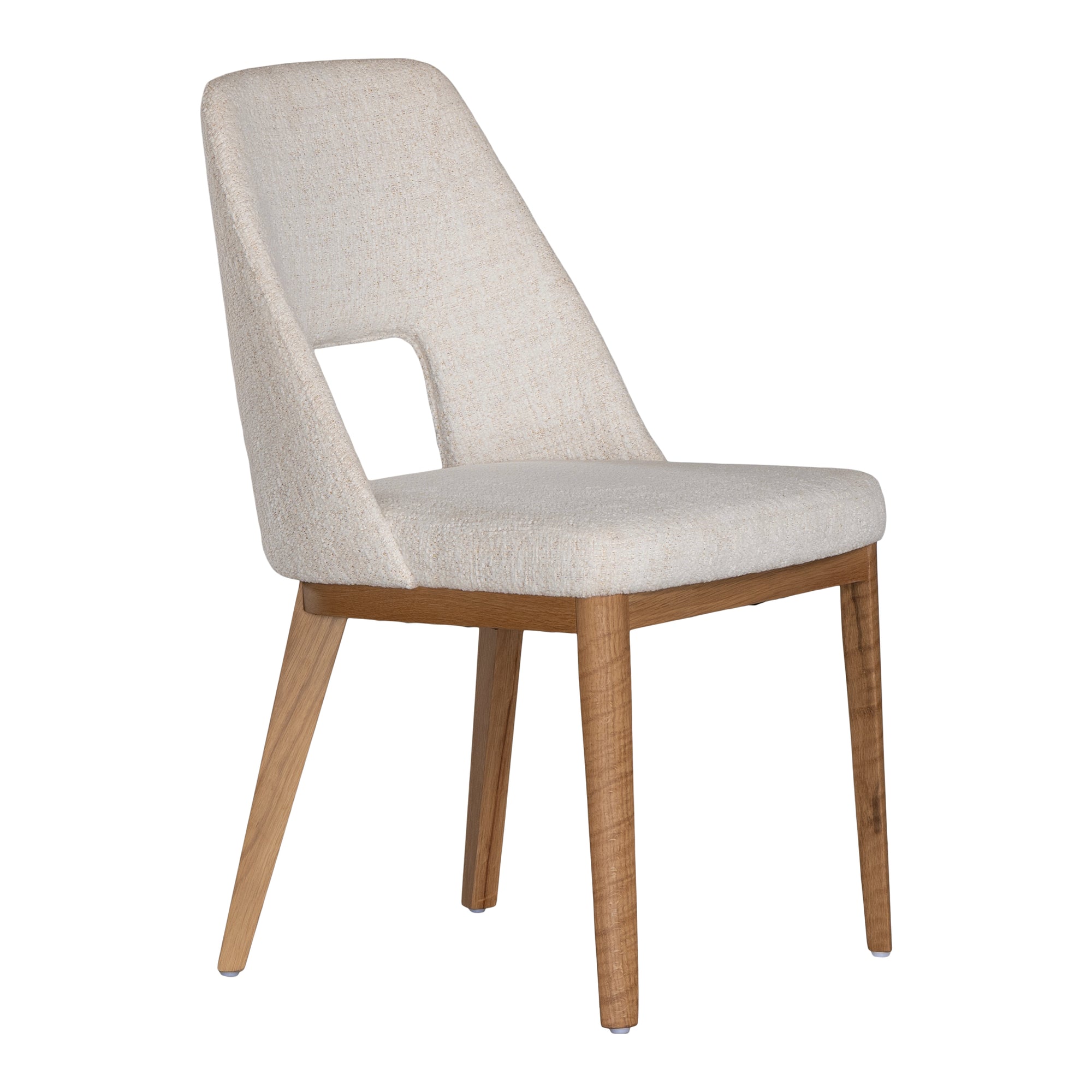 A contemporary dining chair from KULALA Living, featuring soft boucle upholstery and sturdy natural timber legs. Designed for comfort and style, perfect for modern dining spaces