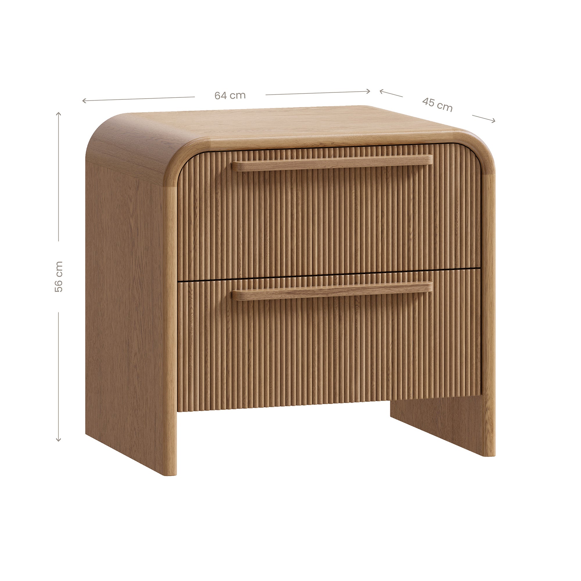 A modern oak bedside table from KULALA Living, featuring a curved silhouette and storage drawers. Crafted from natural wood, this minimalist piece enhances any bedroom with its warm, organic aesthetic