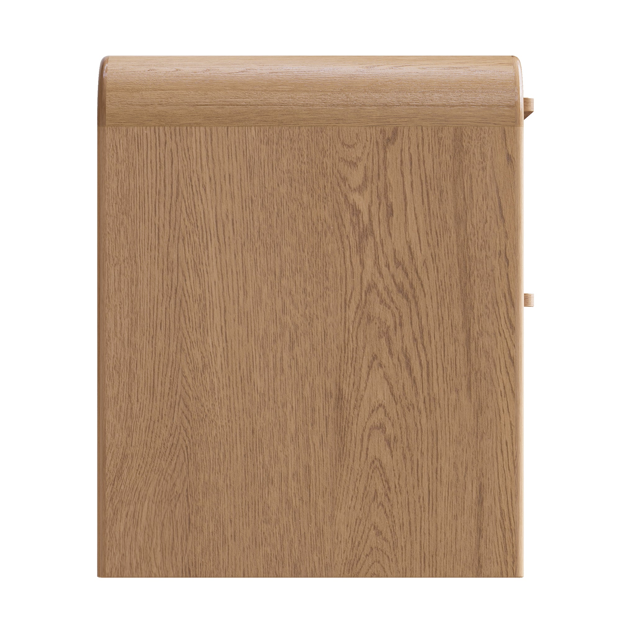 A modern oak bedside table from KULALA Living, featuring a curved silhouette and storage drawers. Crafted from natural wood, this minimalist piece enhances any bedroom with its warm, organic aesthetic