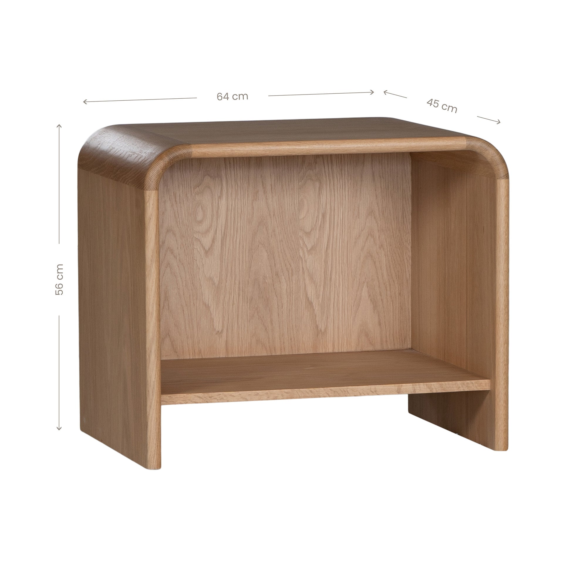 A modern oak bedside table from KULALA Living, featuring a curved silhouette and open storage shelf. Crafted from natural wood, this minimalist piece enhances any bedroom with its warm, organic aesthetic