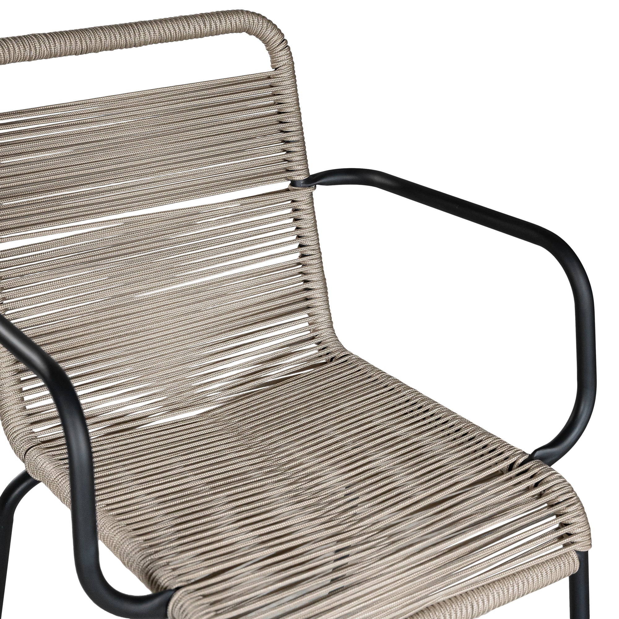 Natural and black outdoor dining chair featuring a sleek powder-coated metal frame and handwoven rope design, perfect for contemporary alfresco spaces