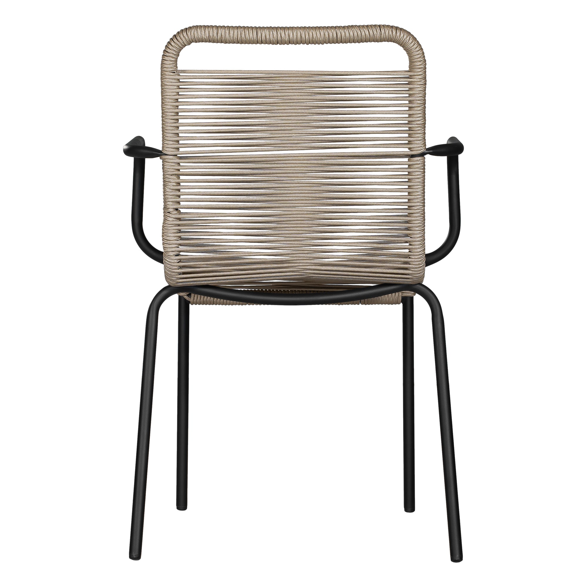 Natural and black outdoor dining chair featuring a sleek powder-coated metal frame and handwoven rope design, perfect for contemporary alfresco spaces