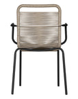 Natural and black outdoor dining chair featuring a sleek powder-coated metal frame and handwoven rope design, perfect for contemporary alfresco spaces