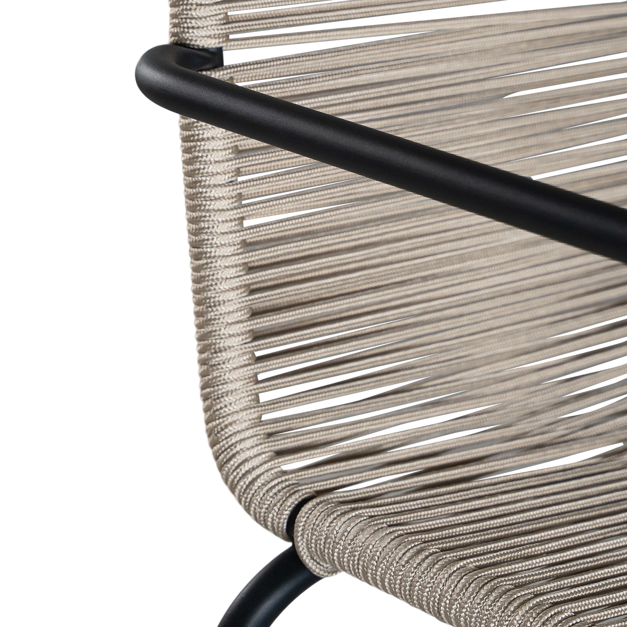 Natural and black outdoor dining chair featuring a sleek powder-coated metal frame and handwoven rope design, perfect for contemporary alfresco spaces