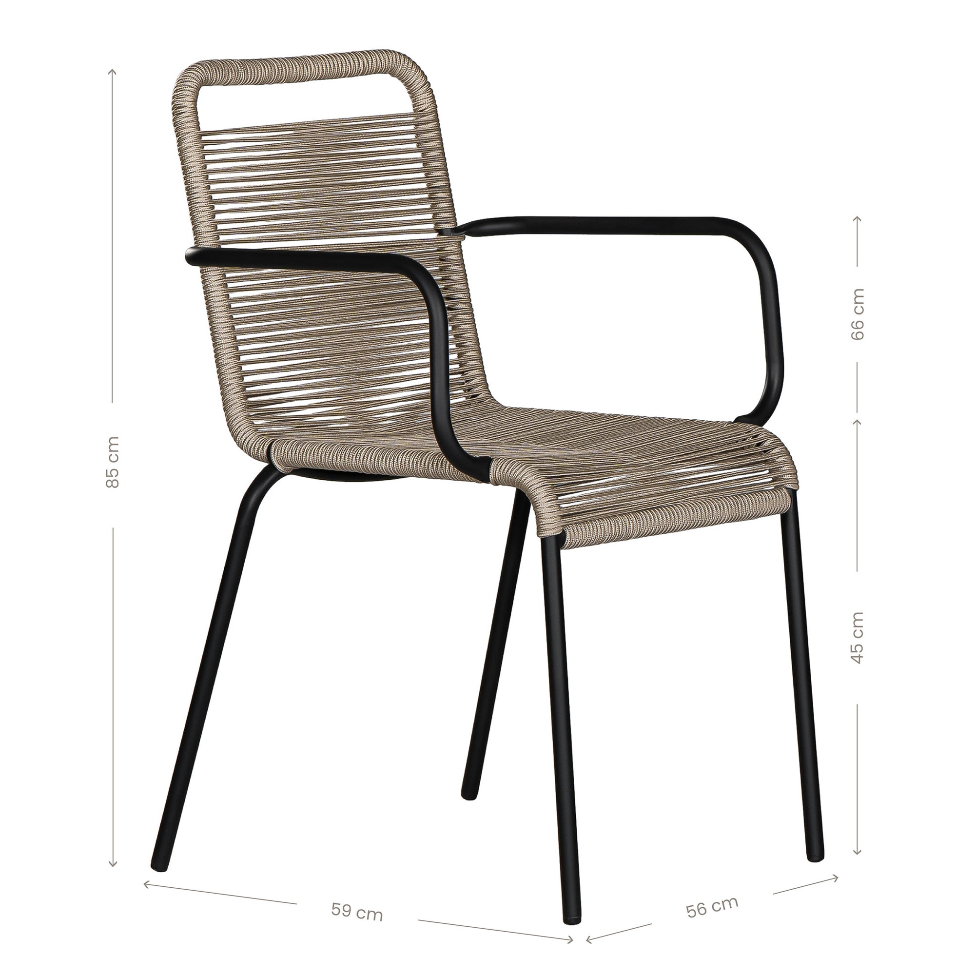 Natural and black outdoor dining chair featuring a sleek powder-coated metal frame and handwoven rope design, perfect for contemporary alfresco spaces