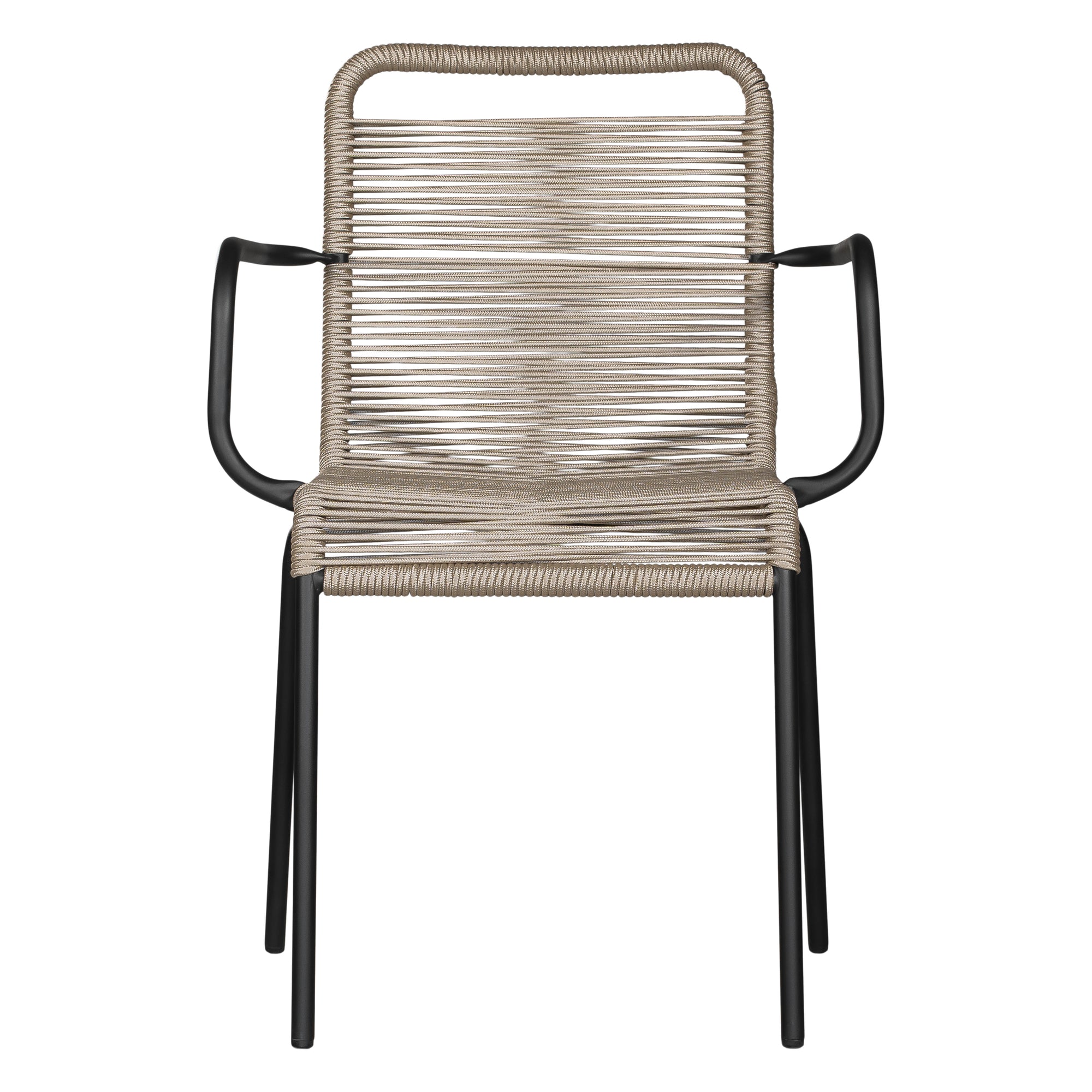 Natural and black outdoor dining chair featuring a sleek powder-coated metal frame and handwoven rope design, perfect for contemporary alfresco spaces