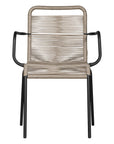 Natural and black outdoor dining chair featuring a sleek powder-coated metal frame and handwoven rope design, perfect for contemporary alfresco spaces