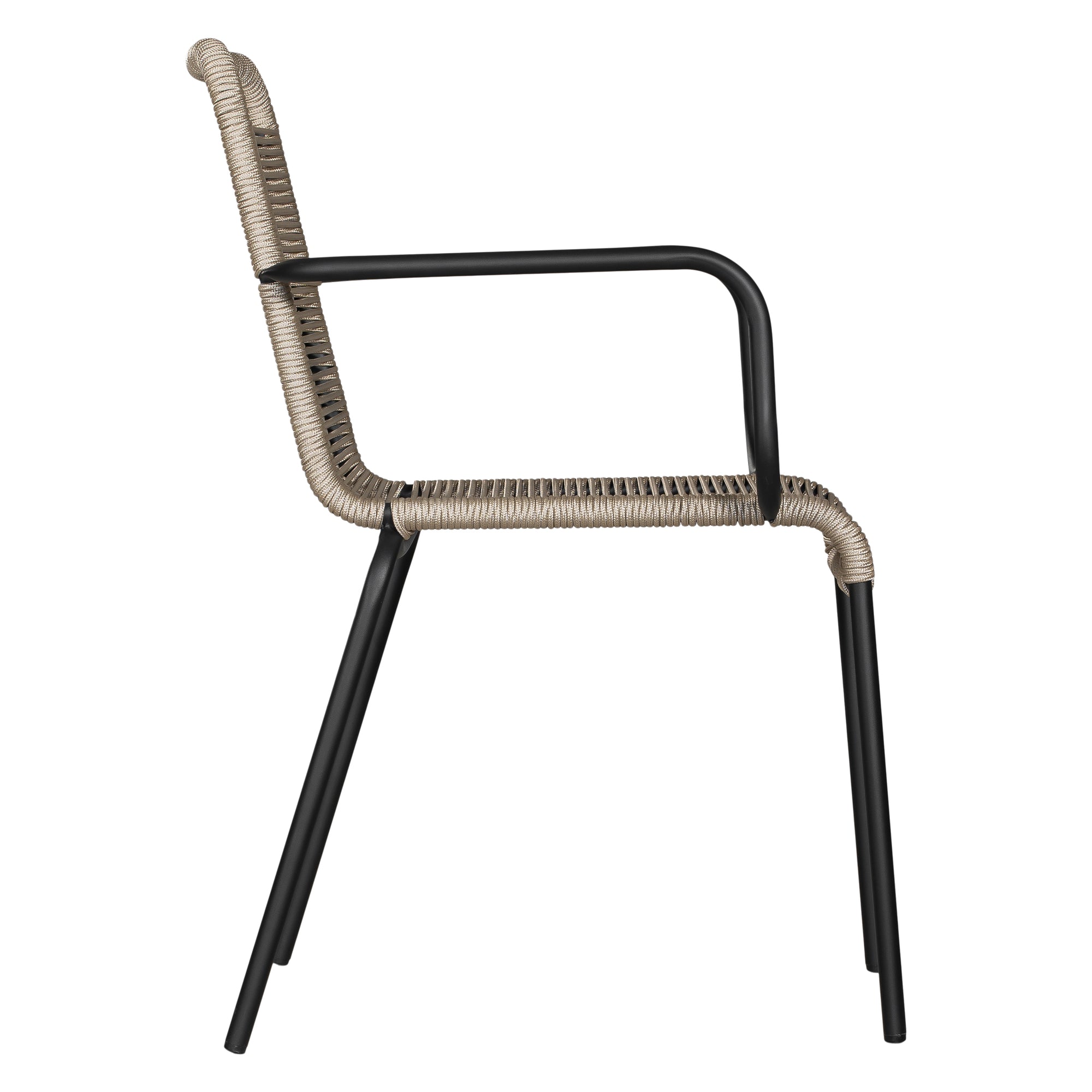 Natural and black outdoor dining chair featuring a sleek powder-coated metal frame and handwoven rope design, perfect for contemporary alfresco spaces