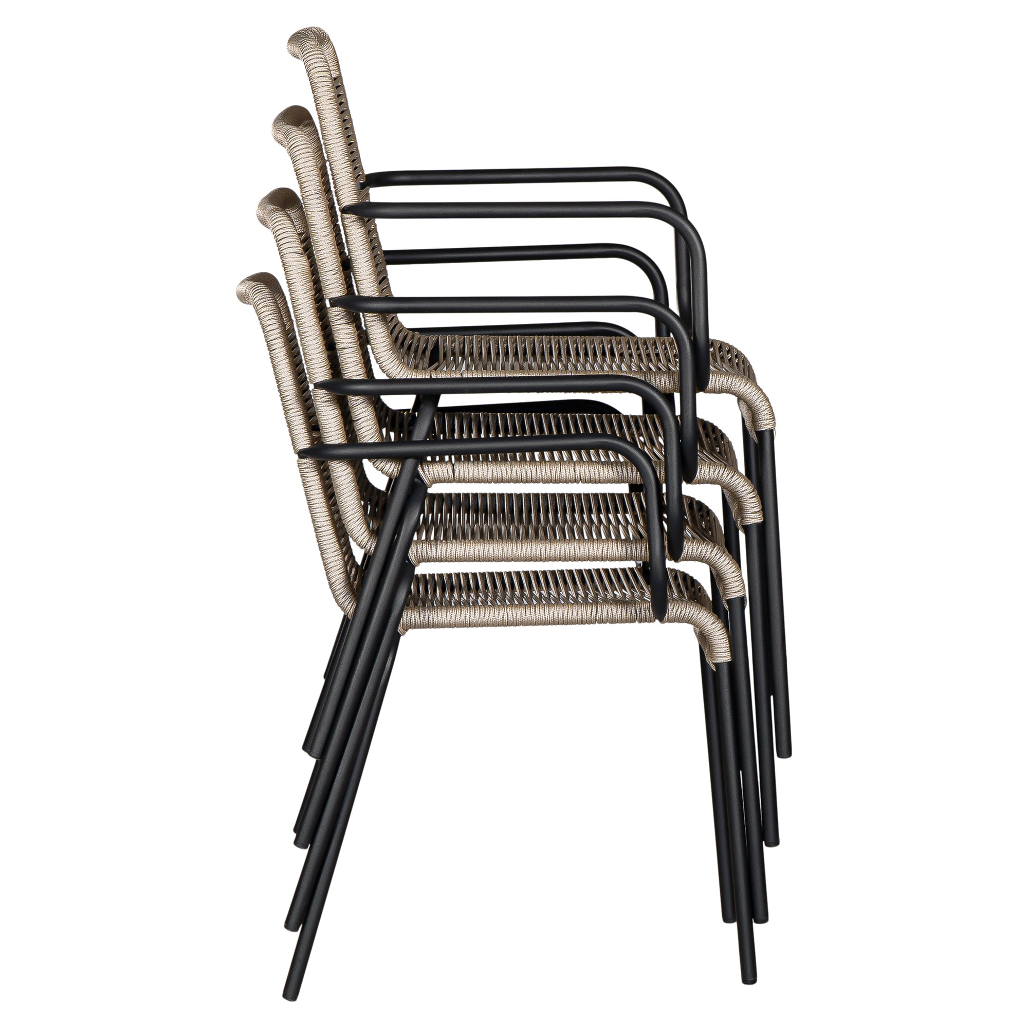 Natural and black outdoor dining chair featuring a sleek powder-coated metal frame and handwoven rope design, perfect for contemporary alfresco spaces