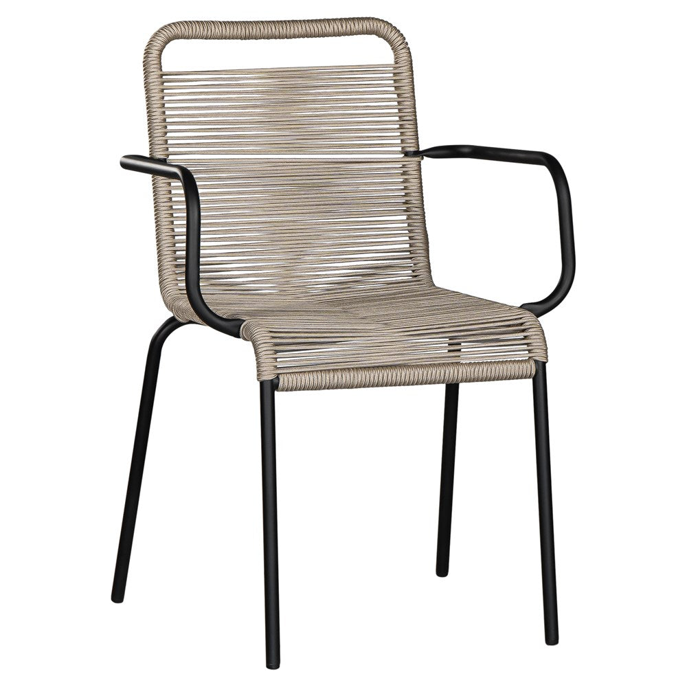 Natural and black outdoor dining chair featuring a sleek powder-coated metal frame and handwoven rope design, perfect for contemporary alfresco spaces