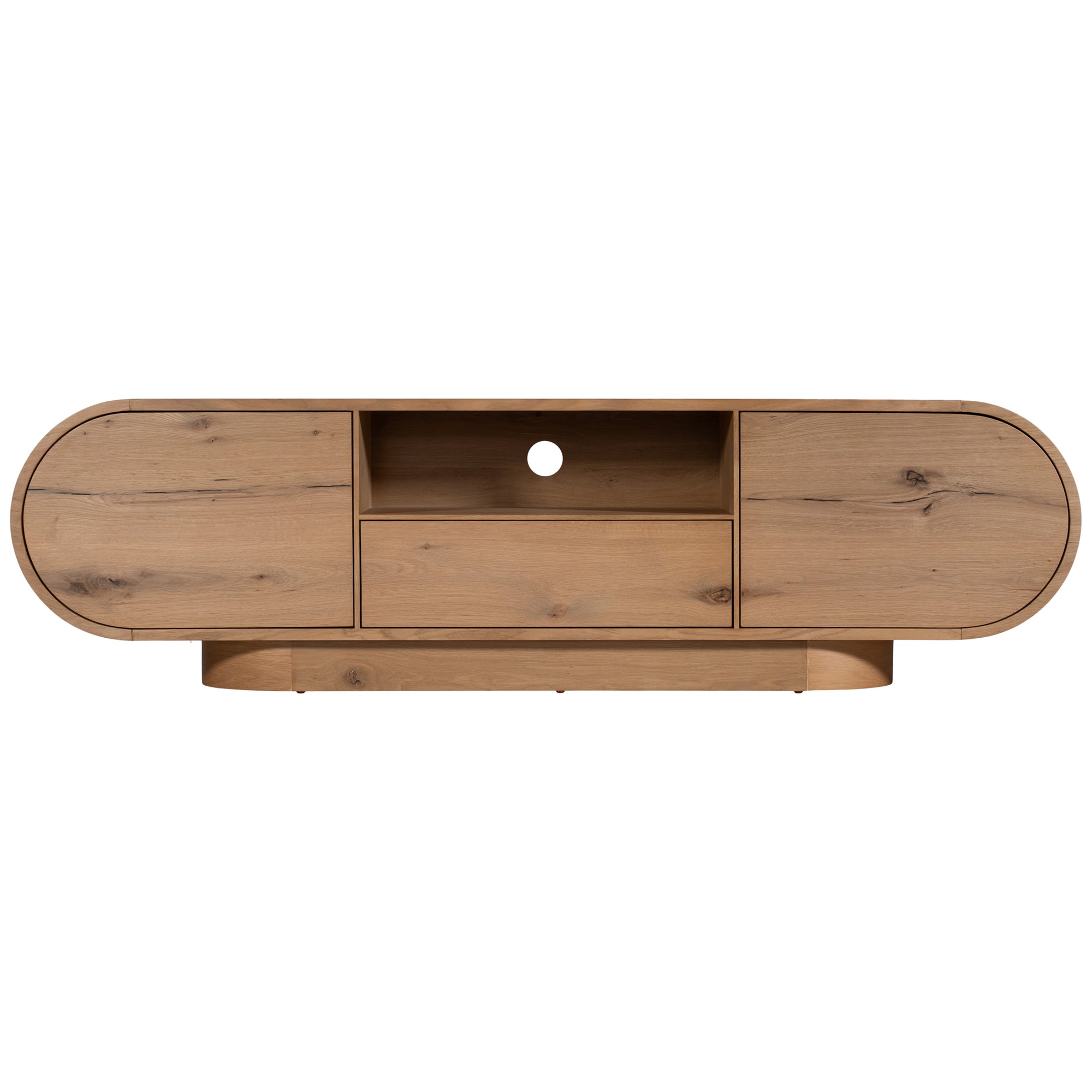 Natural oak TV unit featuring a sleek curved design with ample storage, including cabinets, a drawer, and an open shelf for media organisation