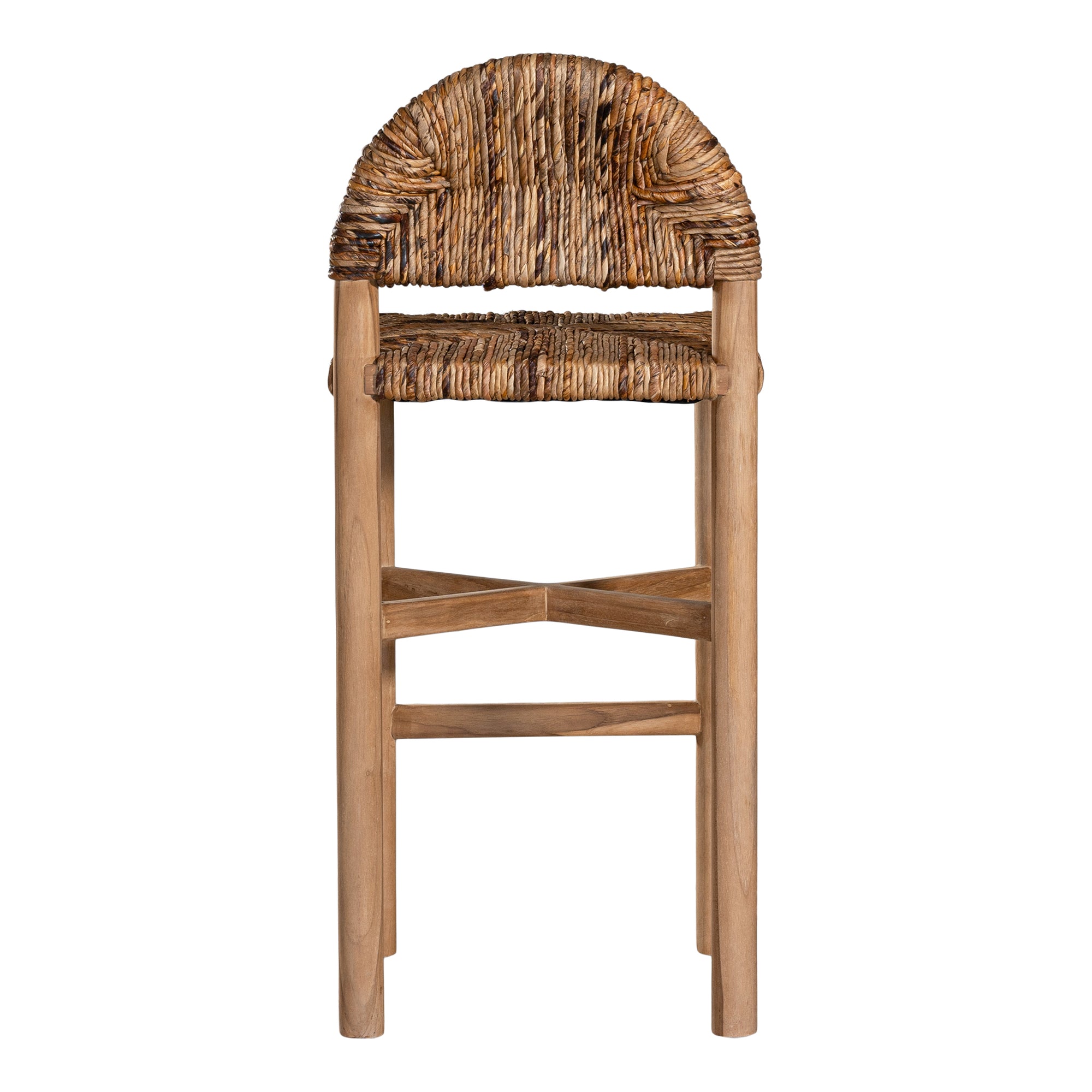 Handwoven rattan bar stool with a sturdy teak frame and curved backrest, showcasing organic texture and artisanal craftsmanship