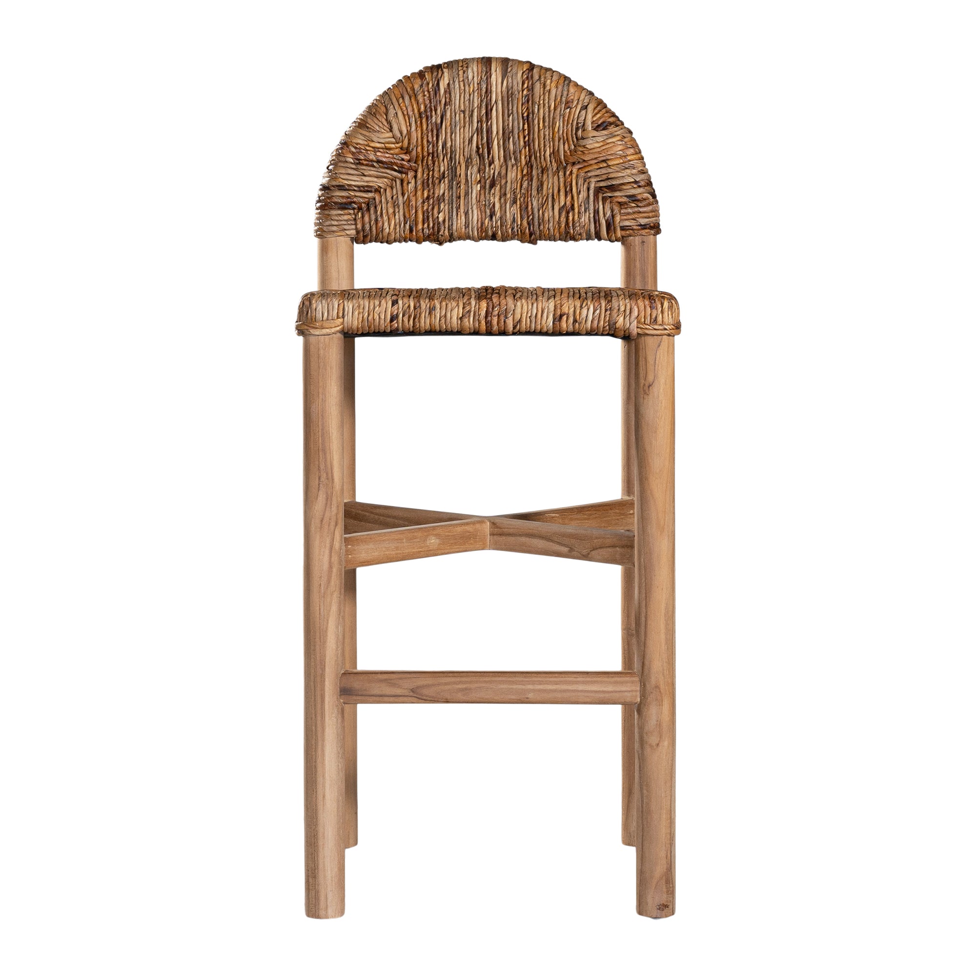 Handwoven rattan bar stool with a sturdy teak frame and curved backrest, showcasing organic texture and artisanal craftsmanship