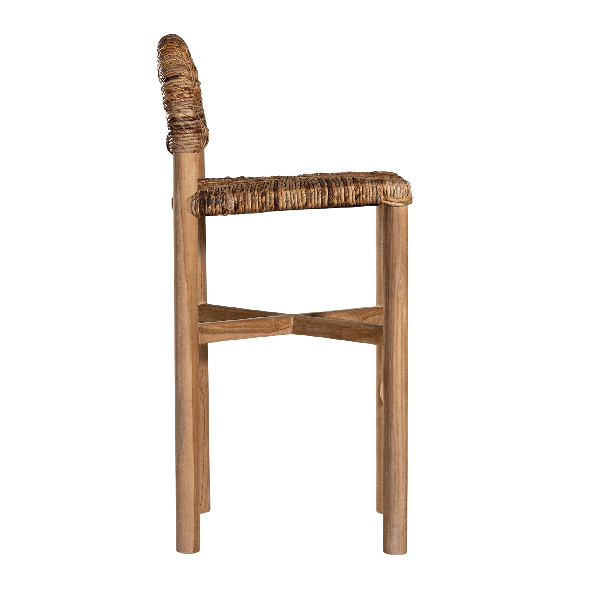 Handwoven rattan bar stool with a sturdy teak frame and curved backrest, showcasing organic texture and artisanal craftsmanship