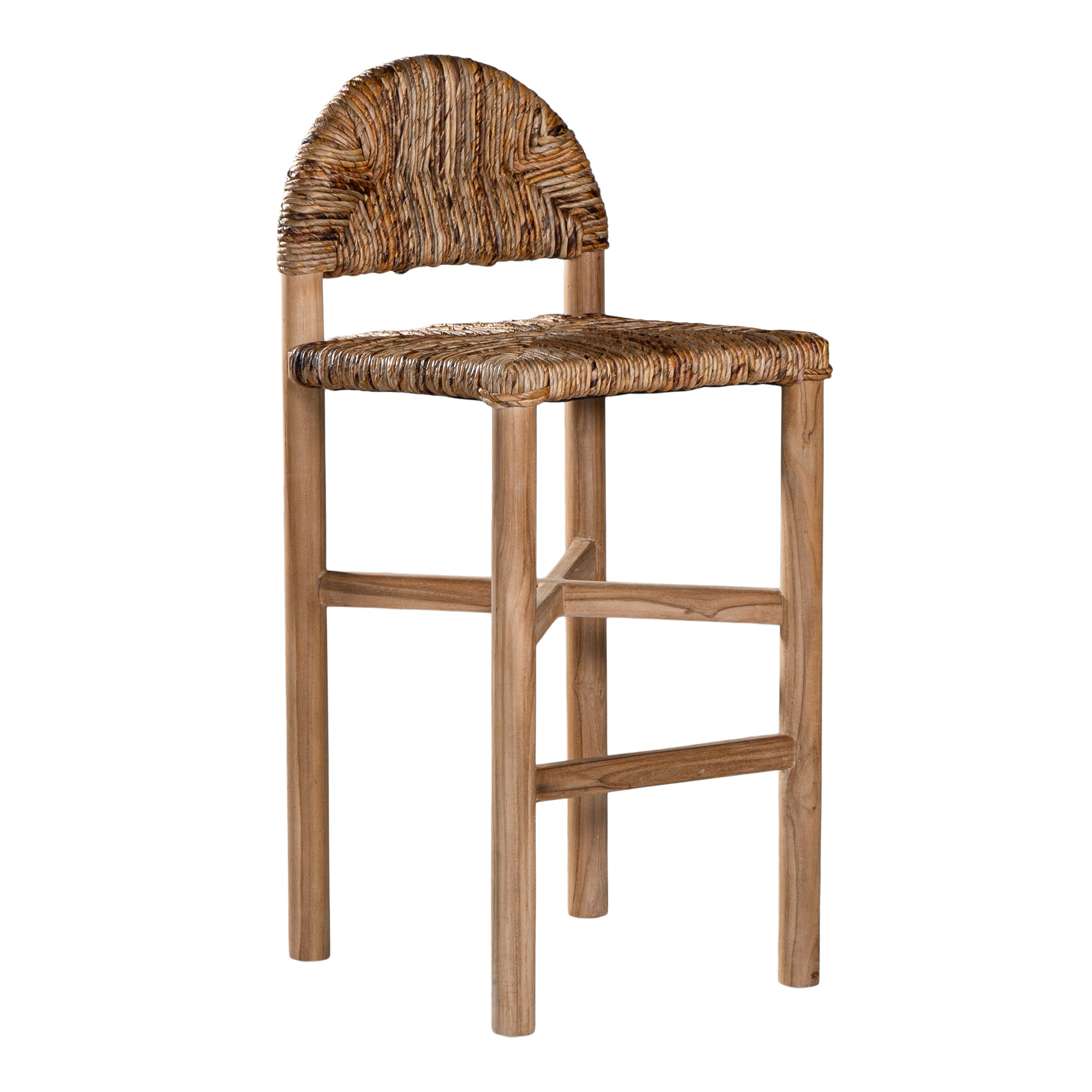 Handwoven rattan bar stool with a sturdy teak frame and curved backrest, showcasing organic texture and artisanal craftsmanship