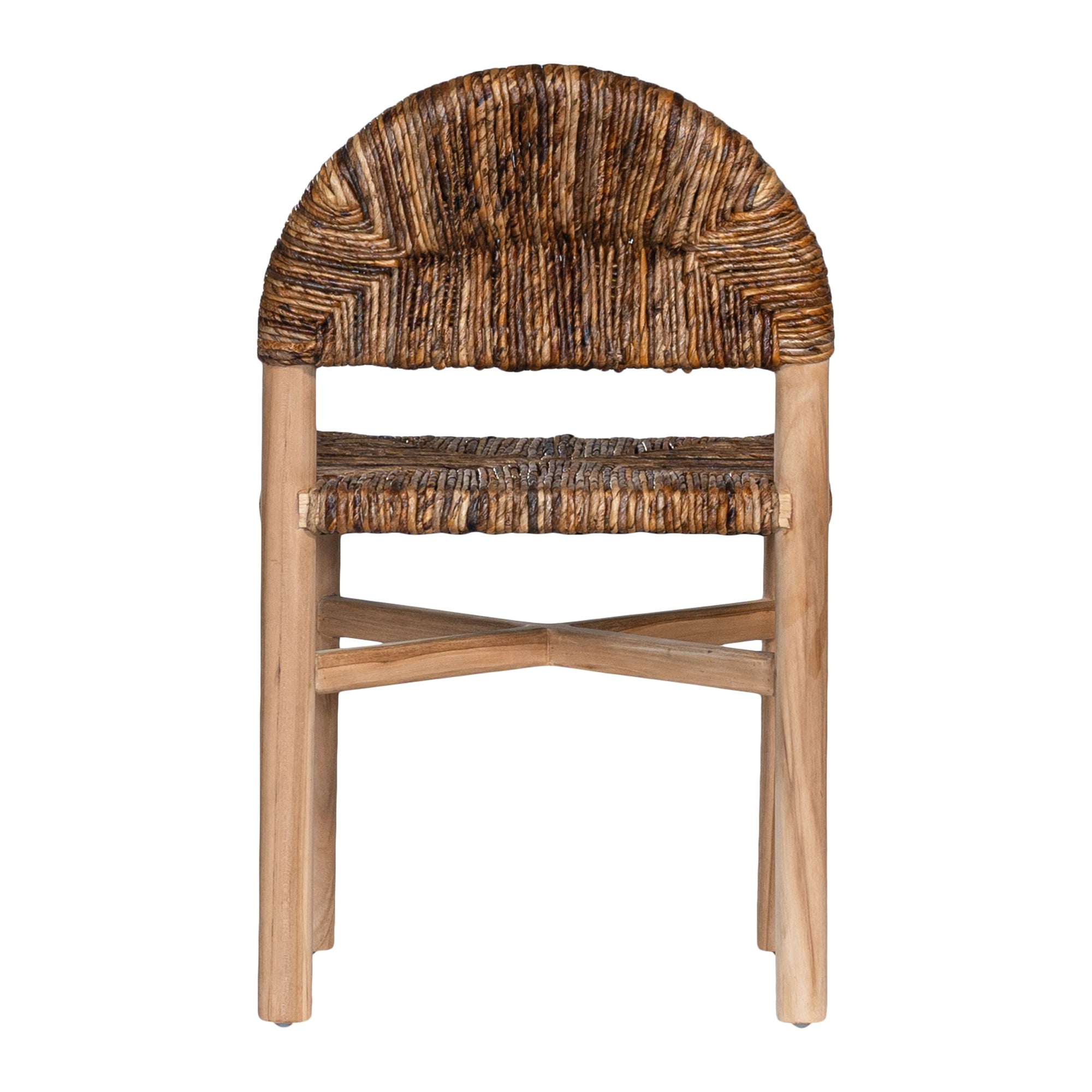 Handwoven rattan dining chair with a solid teak frame and curved backrest, blending natural materials with timeless design