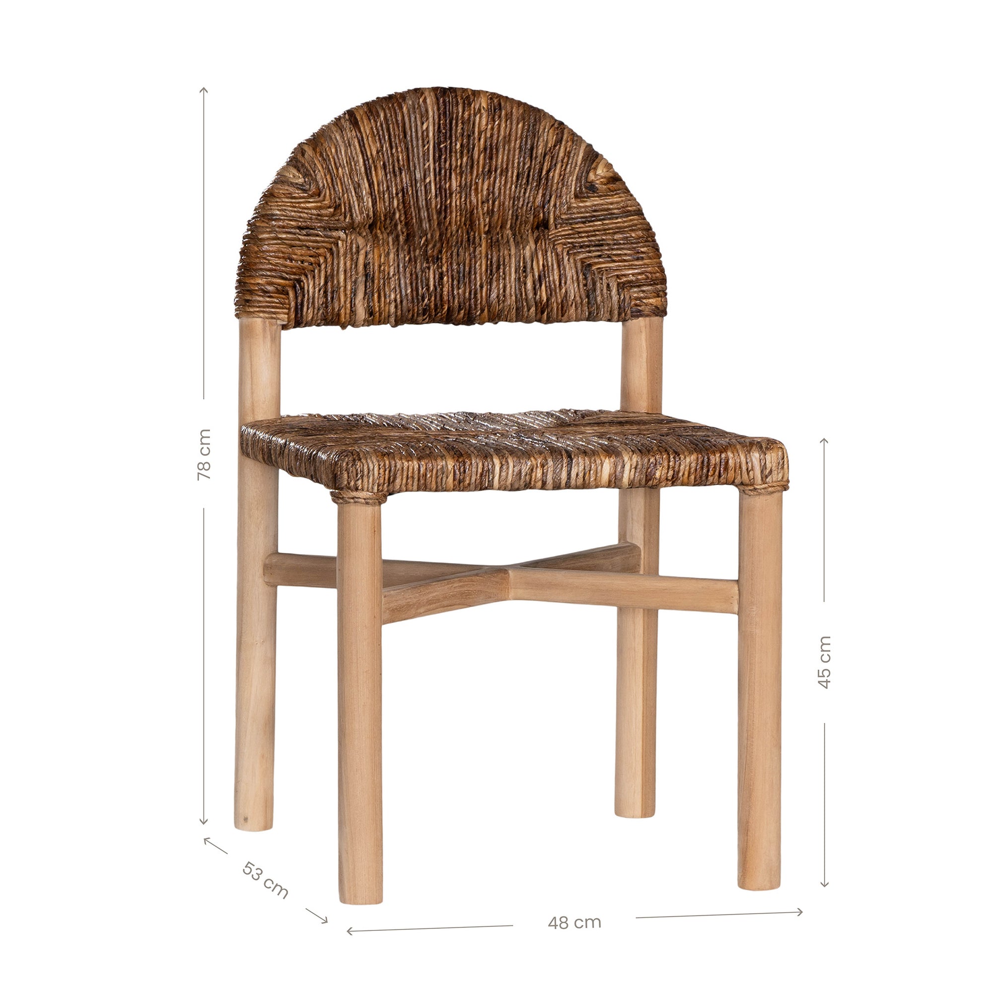 Handwoven rattan dining chair with a solid teak frame and curved backrest, blending natural materials with timeless design