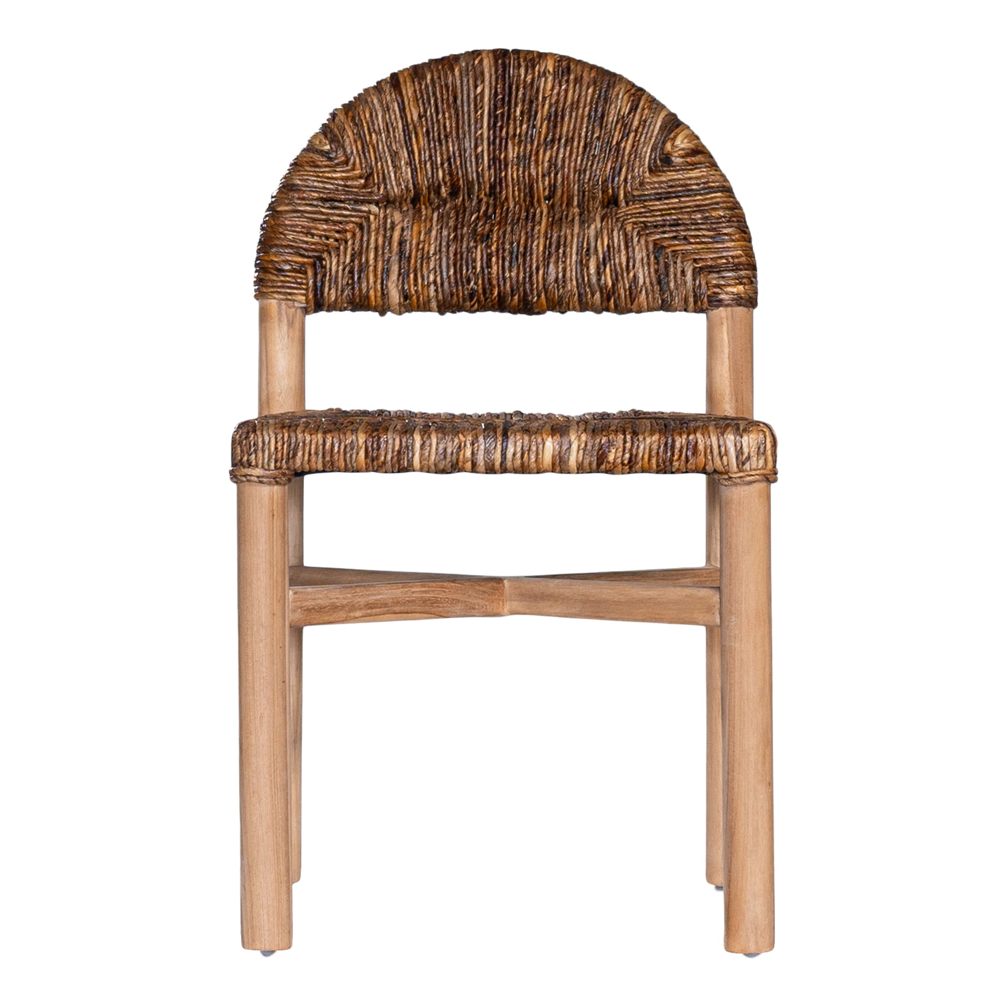 Handwoven rattan dining chair with a solid teak frame and curved backrest, blending natural materials with timeless design