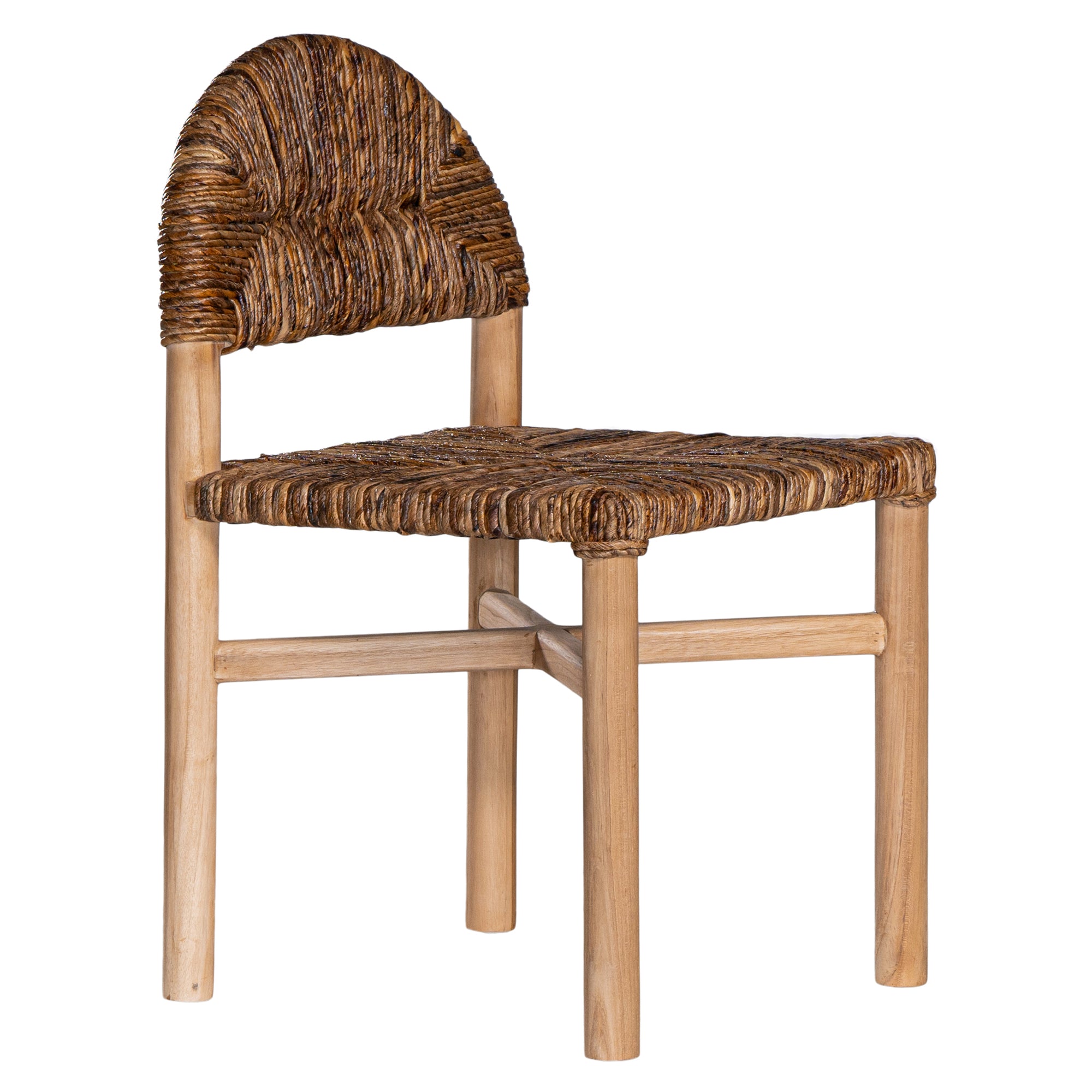 Handwoven rattan dining chair with a solid teak frame and curved backrest, blending natural materials with timeless design