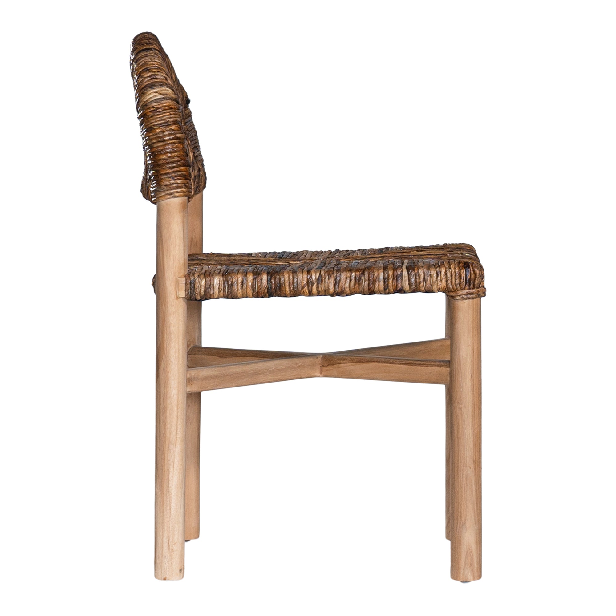 Handwoven rattan dining chair with a solid teak frame and curved backrest, blending natural materials with timeless design