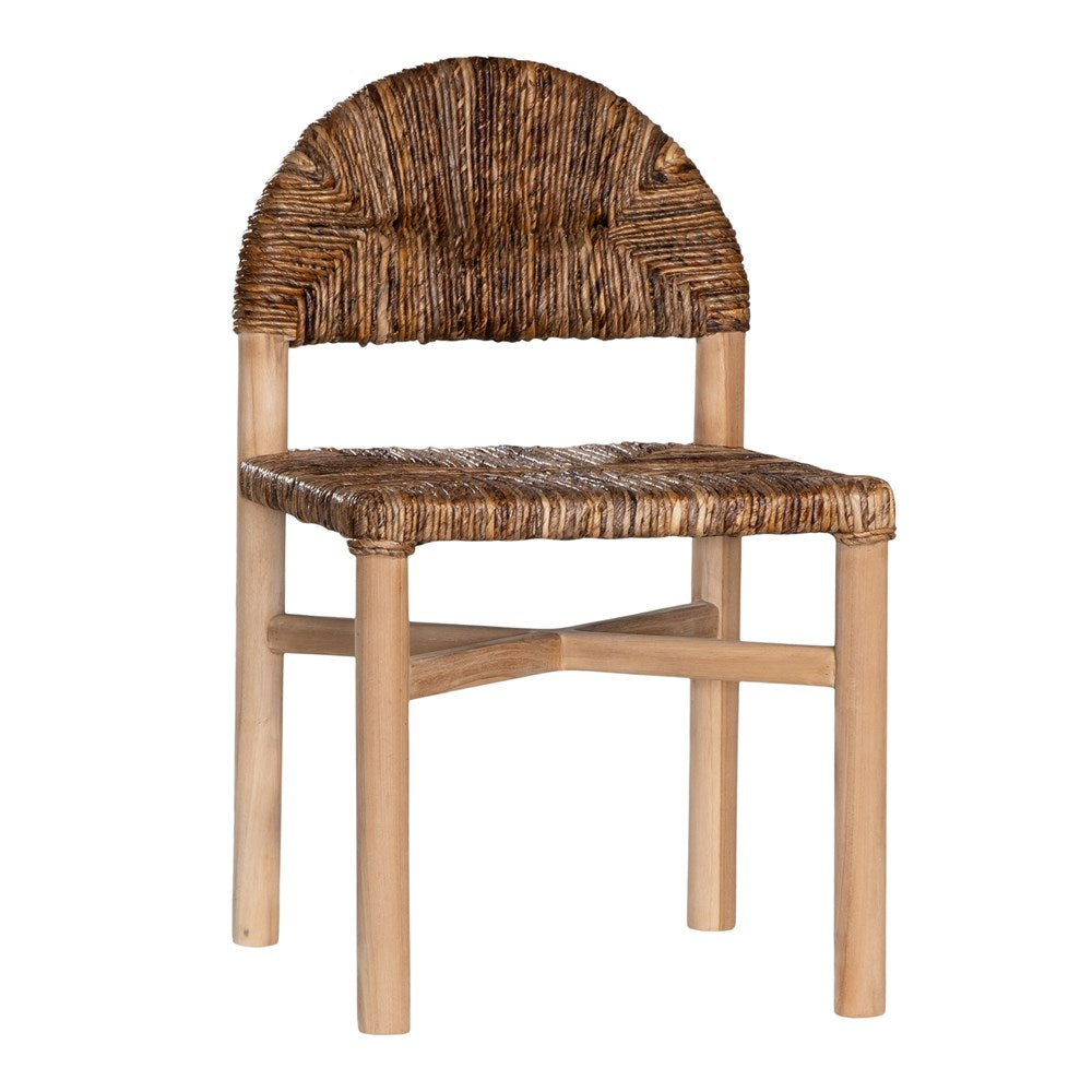 Handwoven rattan dining chair with a solid teak frame and curved backrest, blending natural materials with timeless design