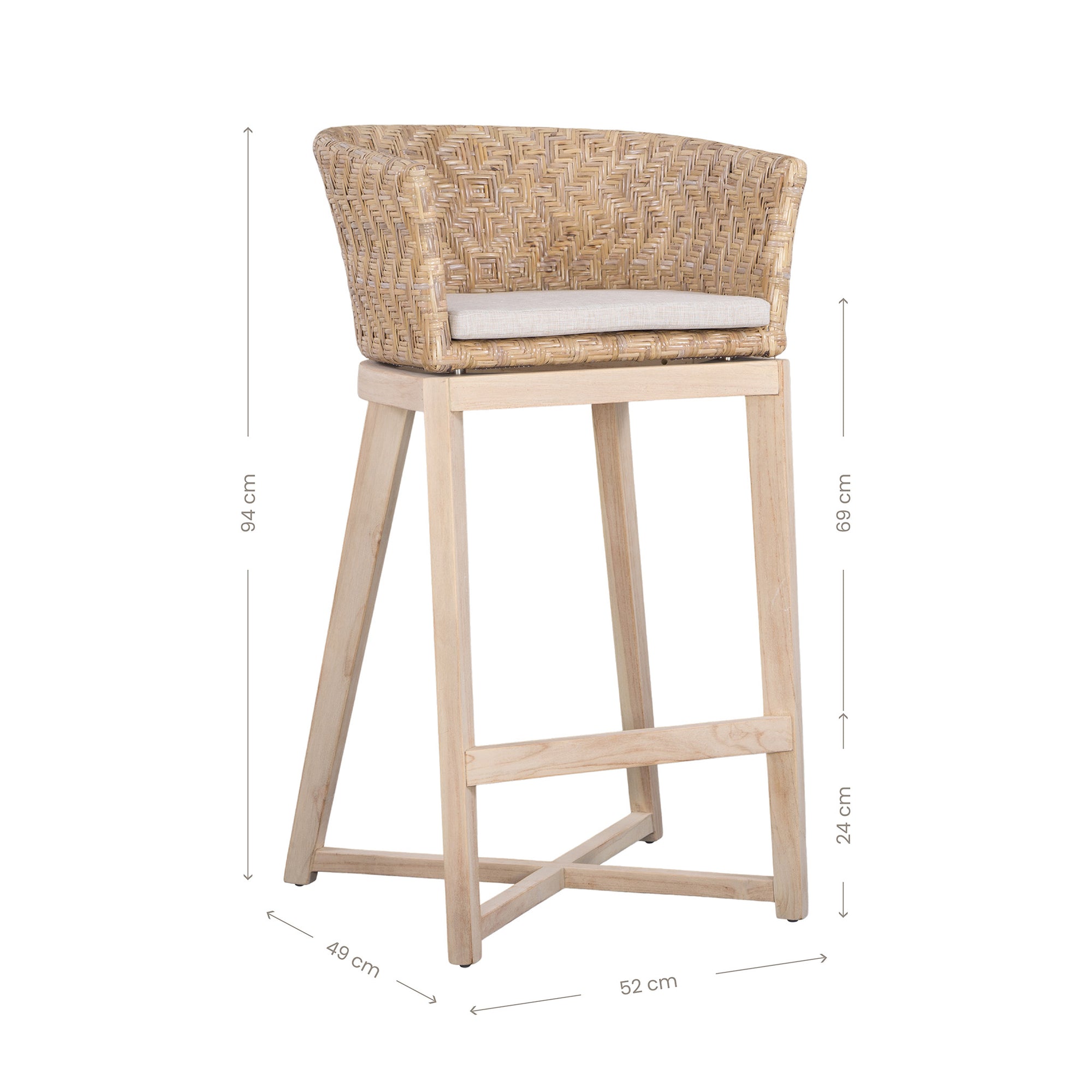 Natural rattan bar stool with a woven backrest, light wood frame, and a cushioned seat, offering a stylish and comfortable seating option for kitchen counters or bars