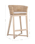 Natural rattan bar stool with a woven backrest, light wood frame, and a cushioned seat, offering a stylish and comfortable seating option for kitchen counters or bars