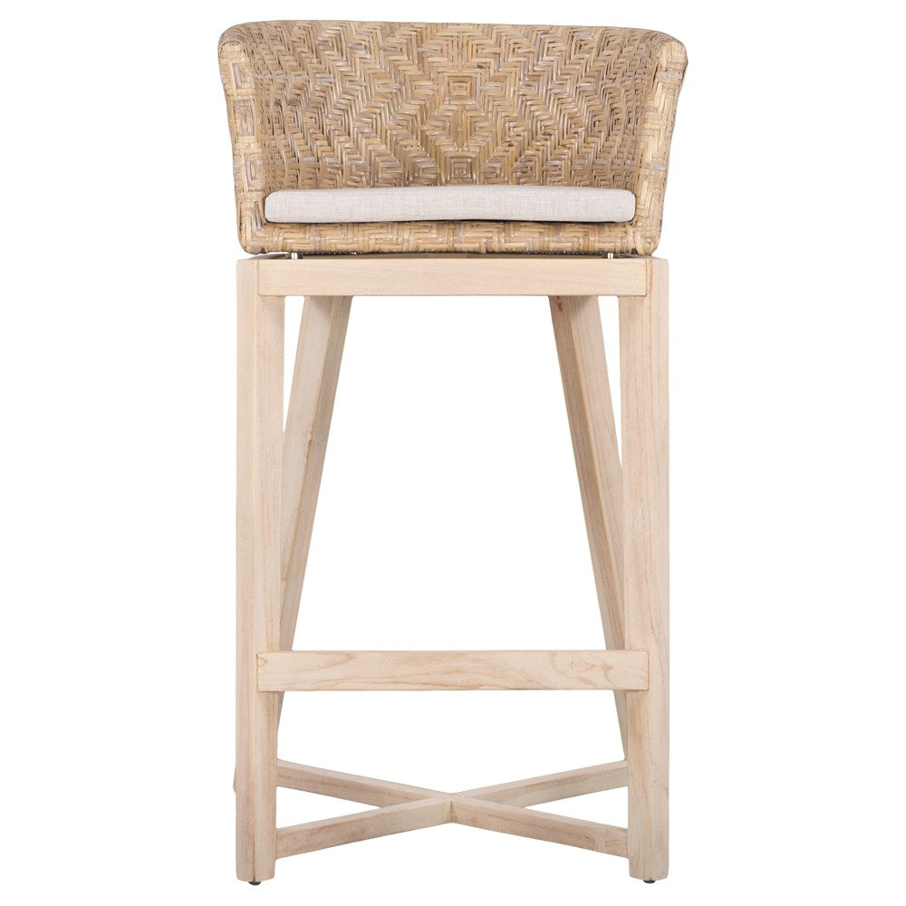 Natural rattan bar stool with a woven backrest, light wood frame, and a cushioned seat, offering a stylish and comfortable seating option for kitchen counters or bars