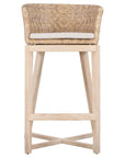 Natural rattan bar stool with a woven backrest, light wood frame, and a cushioned seat, offering a stylish and comfortable seating option for kitchen counters or bars