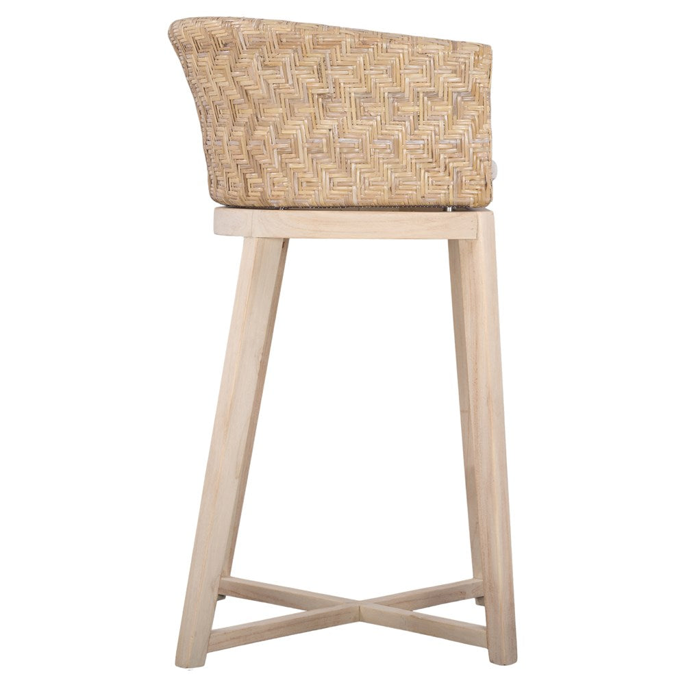 Natural rattan bar stool with a woven backrest, light wood frame, and a cushioned seat, offering a stylish and comfortable seating option for kitchen counters or bars