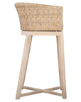 Natural rattan bar stool with a woven backrest, light wood frame, and a cushioned seat, offering a stylish and comfortable seating option for kitchen counters or bars