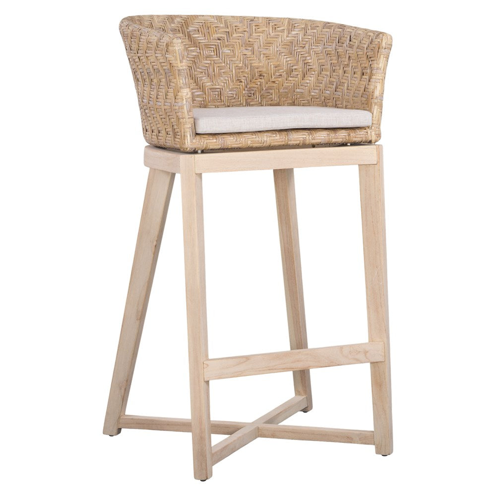 Natural rattan bar stool with a woven backrest, light wood frame, and a cushioned seat, offering a stylish and comfortable seating option for kitchen counters or bars