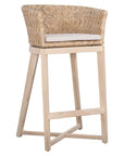 Natural rattan bar stool with a woven backrest, light wood frame, and a cushioned seat, offering a stylish and comfortable seating option for kitchen counters or bars