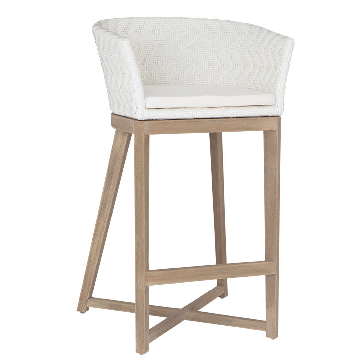 Natural rattan bar stool with a woven backrest, light wood frame, and a cushioned seat, offering a stylish and comfortable seating option for kitchen counters or bars