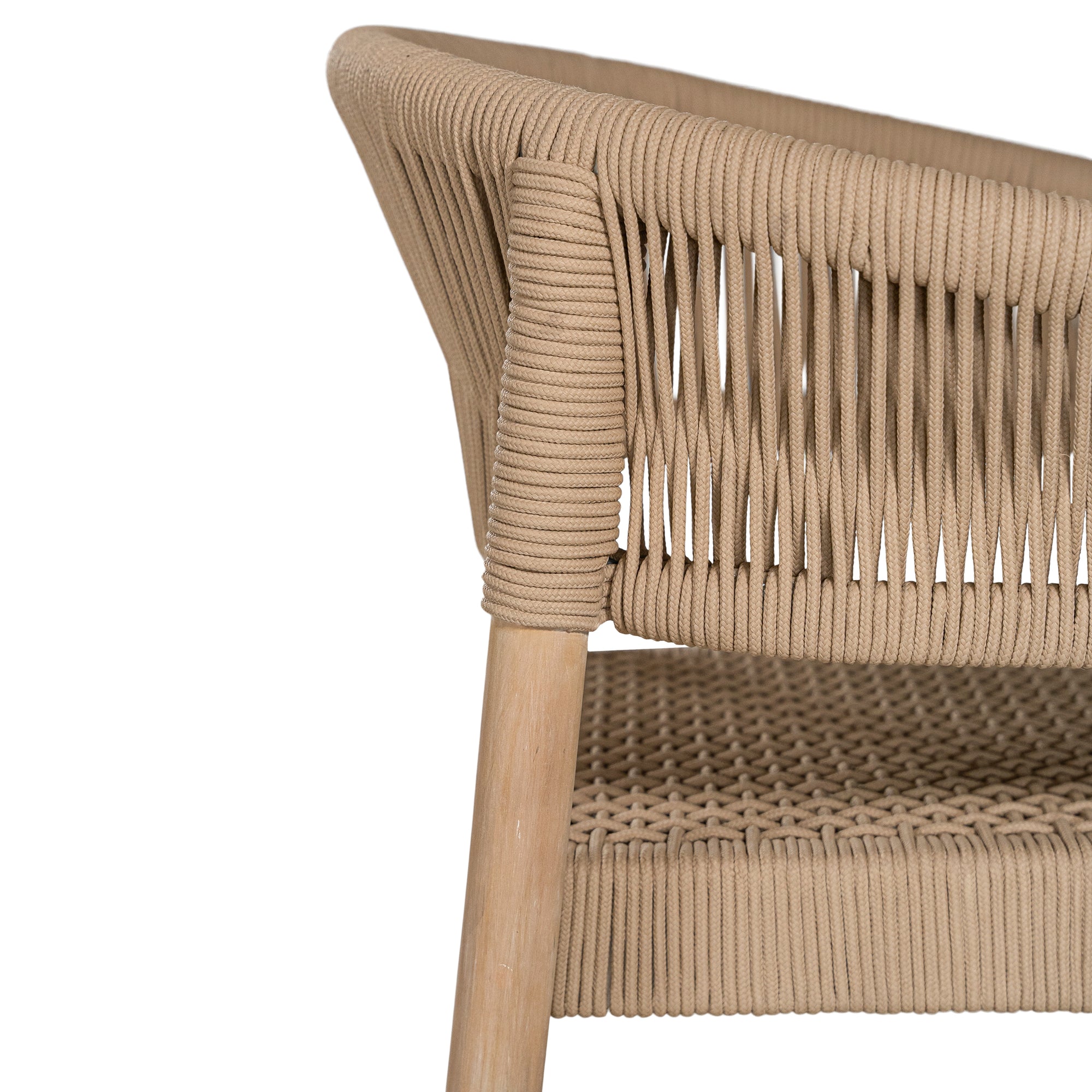 Natural rope dining chair with a teak frame, featuring an elegant curved back and woven seat, perfect for indoor and outdoor settings