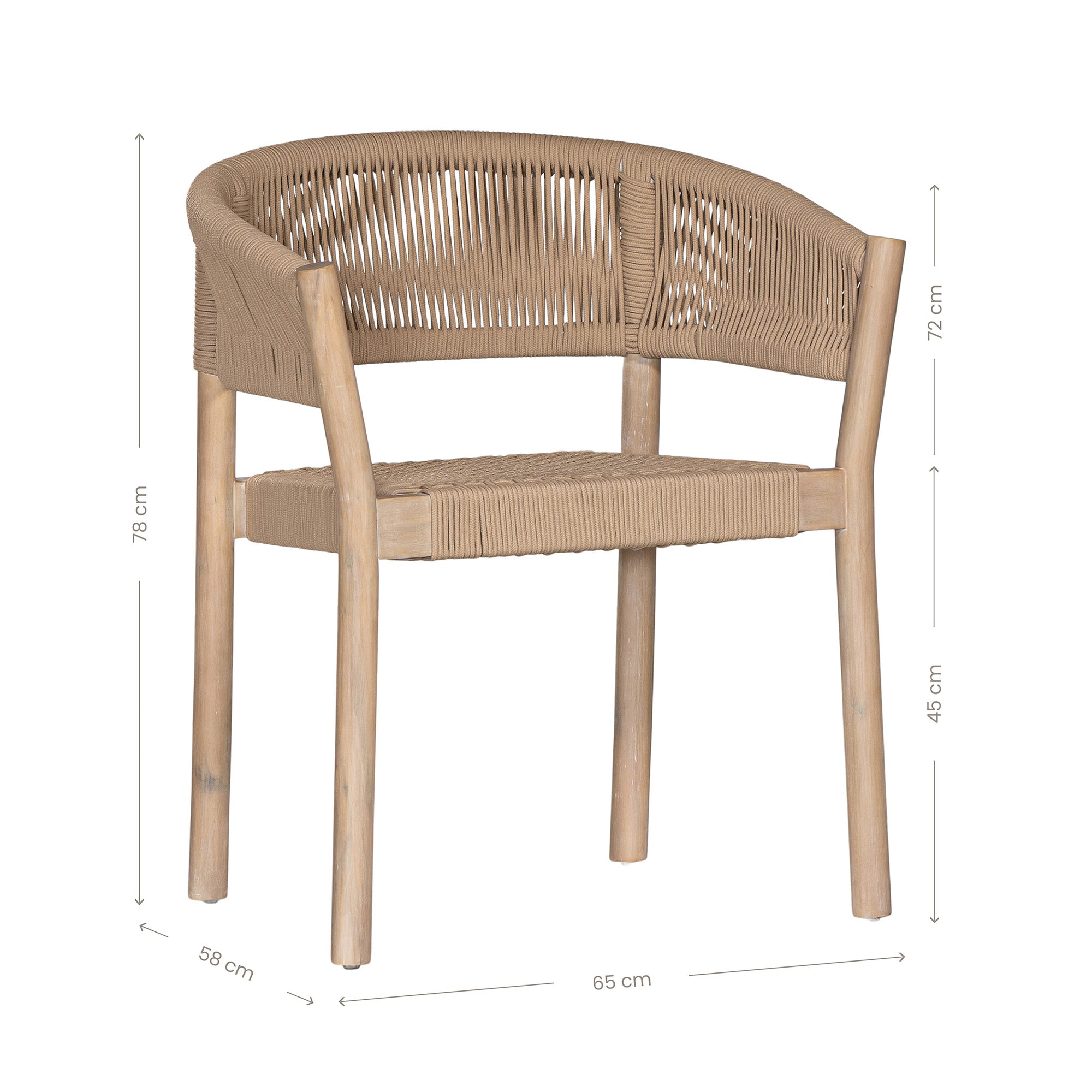 Natural rope dining chair with a teak frame, featuring an elegant curved back and woven seat, perfect for indoor and outdoor settings