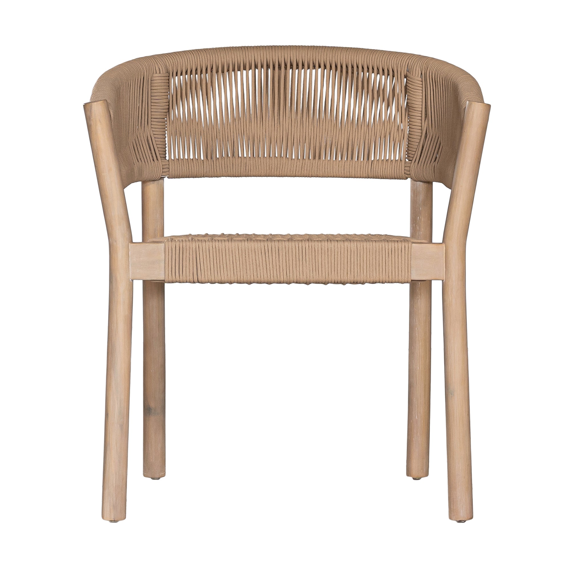 Natural rope dining chair with a teak frame, featuring an elegant curved back and woven seat, perfect for indoor and outdoor settings