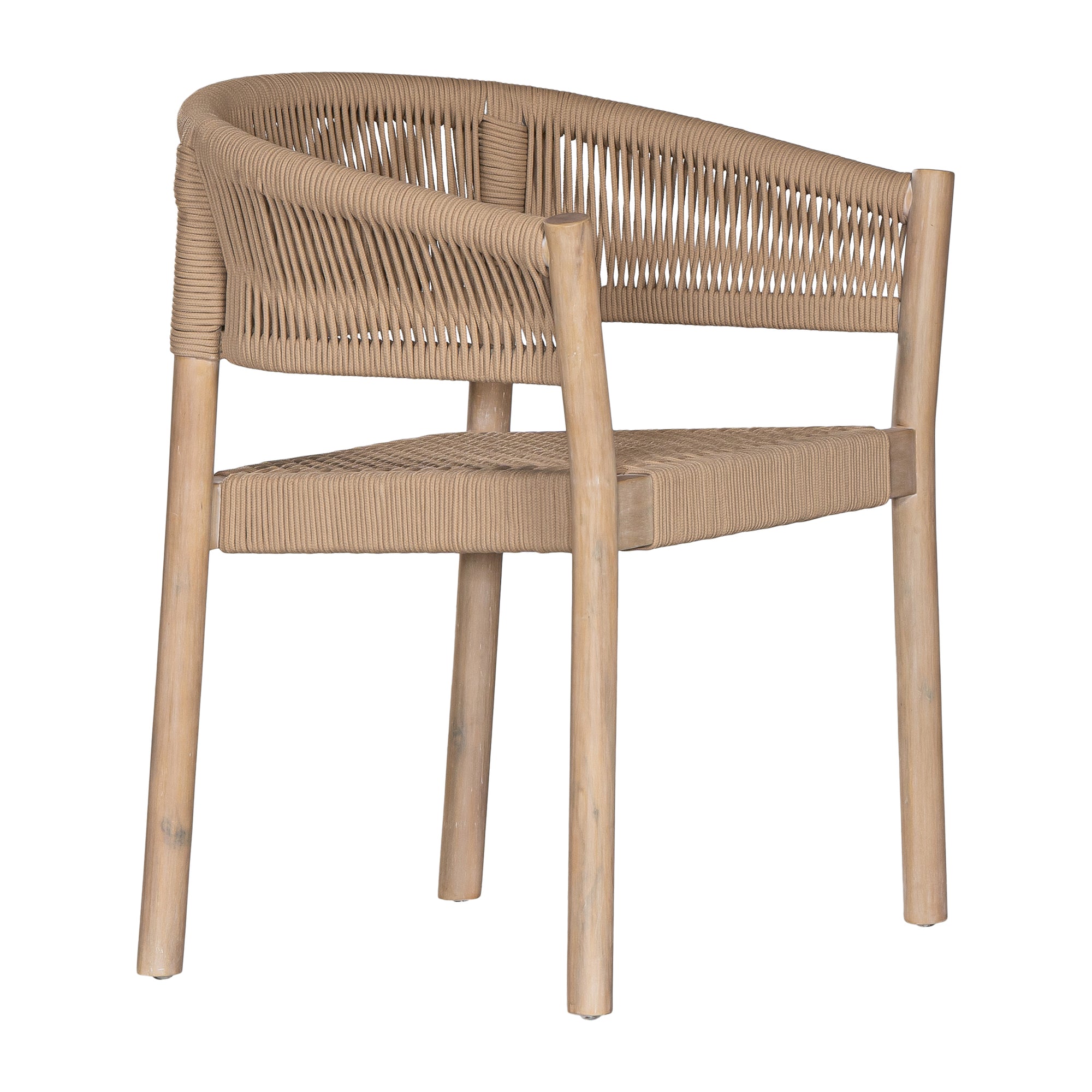 Natural rope dining chair with a teak frame, featuring an elegant curved back and woven seat, perfect for indoor and outdoor settings