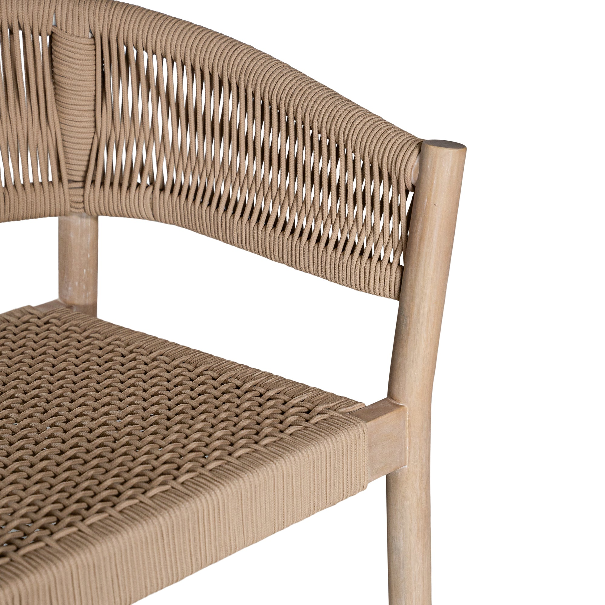 Natural rope dining chair with a teak frame, featuring an elegant curved back and woven seat, perfect for indoor and outdoor settings