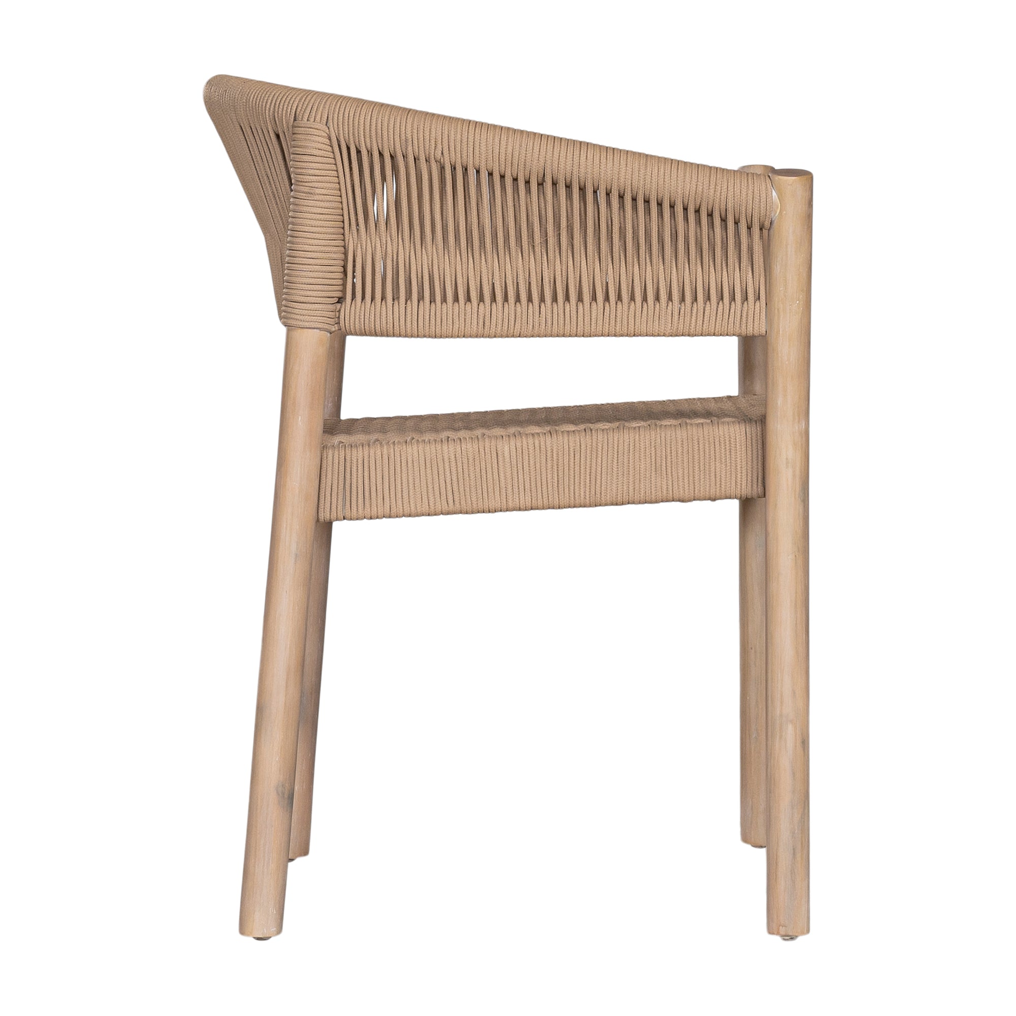 Natural rope dining chair with a teak frame, featuring an elegant curved back and woven seat, perfect for indoor and outdoor settings