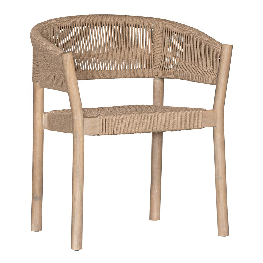 Natural rope dining chair with a teak frame, featuring an elegant curved back and woven seat, perfect for indoor and outdoor settings