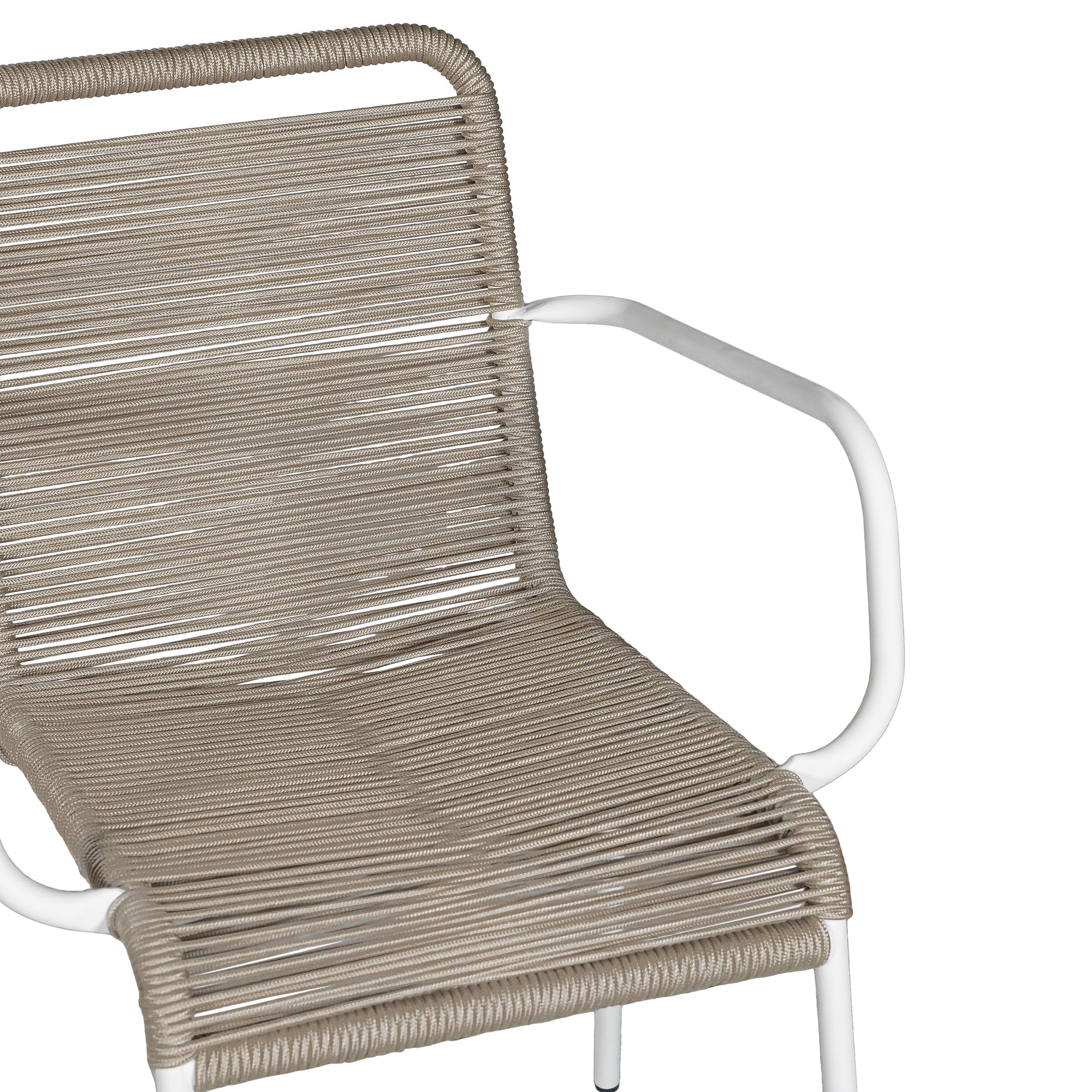 Natural and white outdoor dining chair featuring a sleek powder-coated metal frame and handwoven rope design, perfect for contemporary alfresco spaces