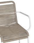 Natural and white outdoor dining chair featuring a sleek powder-coated metal frame and handwoven rope design, perfect for contemporary alfresco spaces